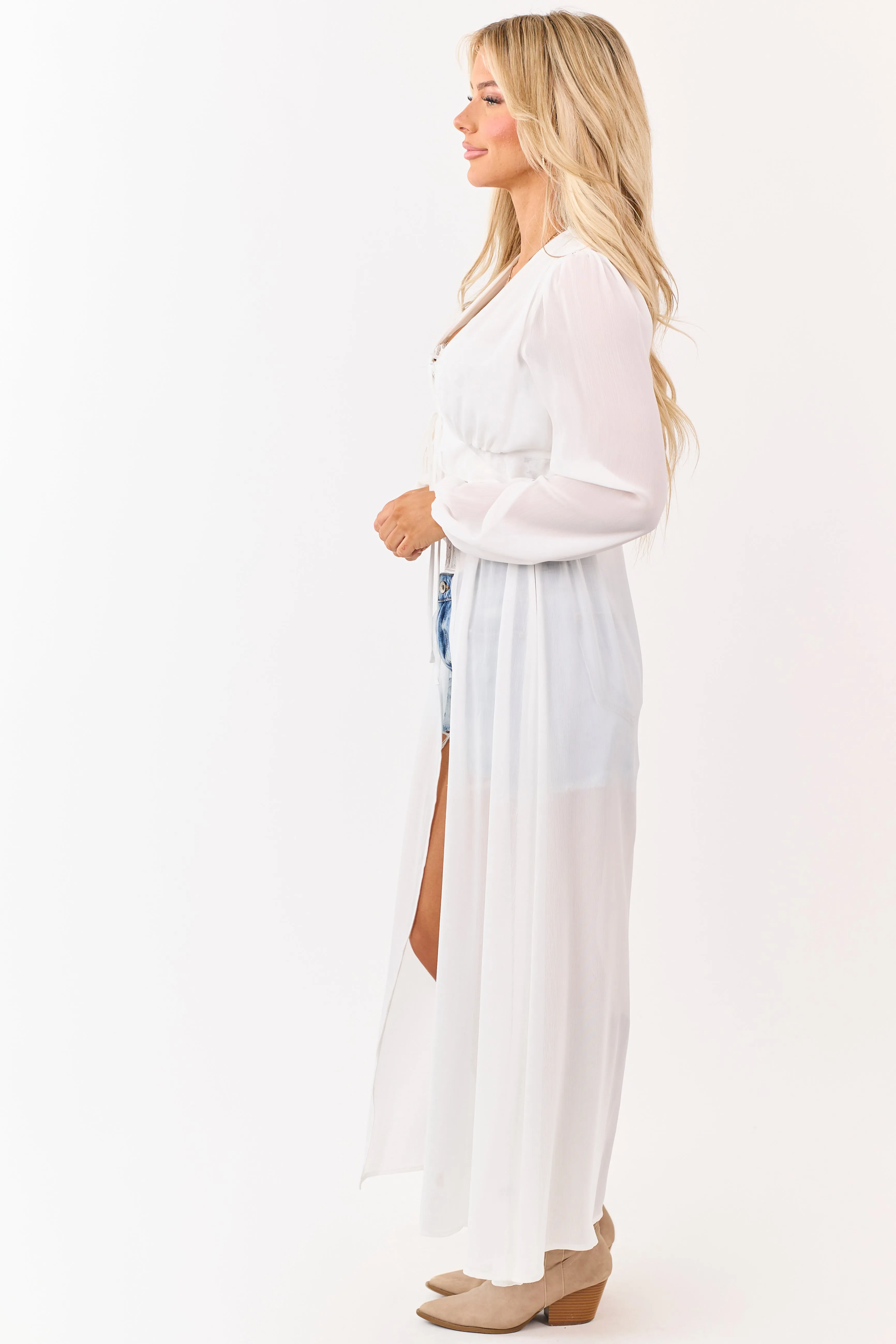 Ivory Front Tie Side Cut Out Sheer Duster Cardigan sold by Lime Lush product image thumbnail 5