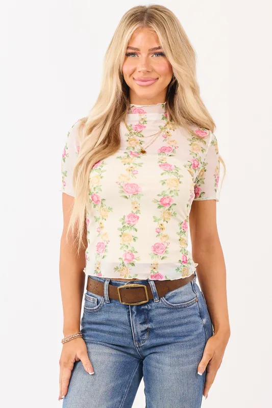 Cream Floral Print Mock Neck Short Sleeve Mesh Top sold by Lime Lush