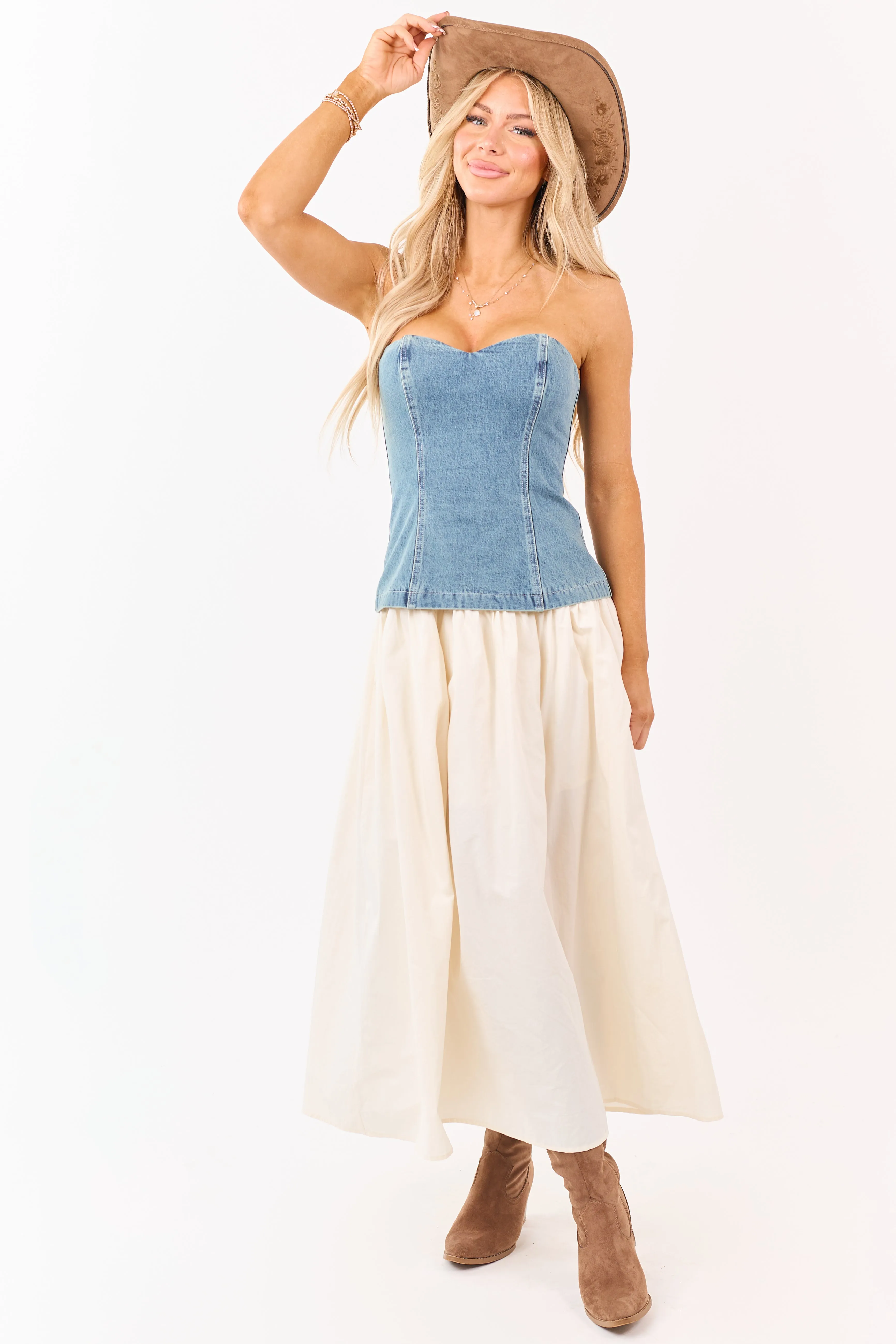 Medium Wash Denim Strapless Contrast Midi Dress sold by Lime Lush product image thumbnail 4