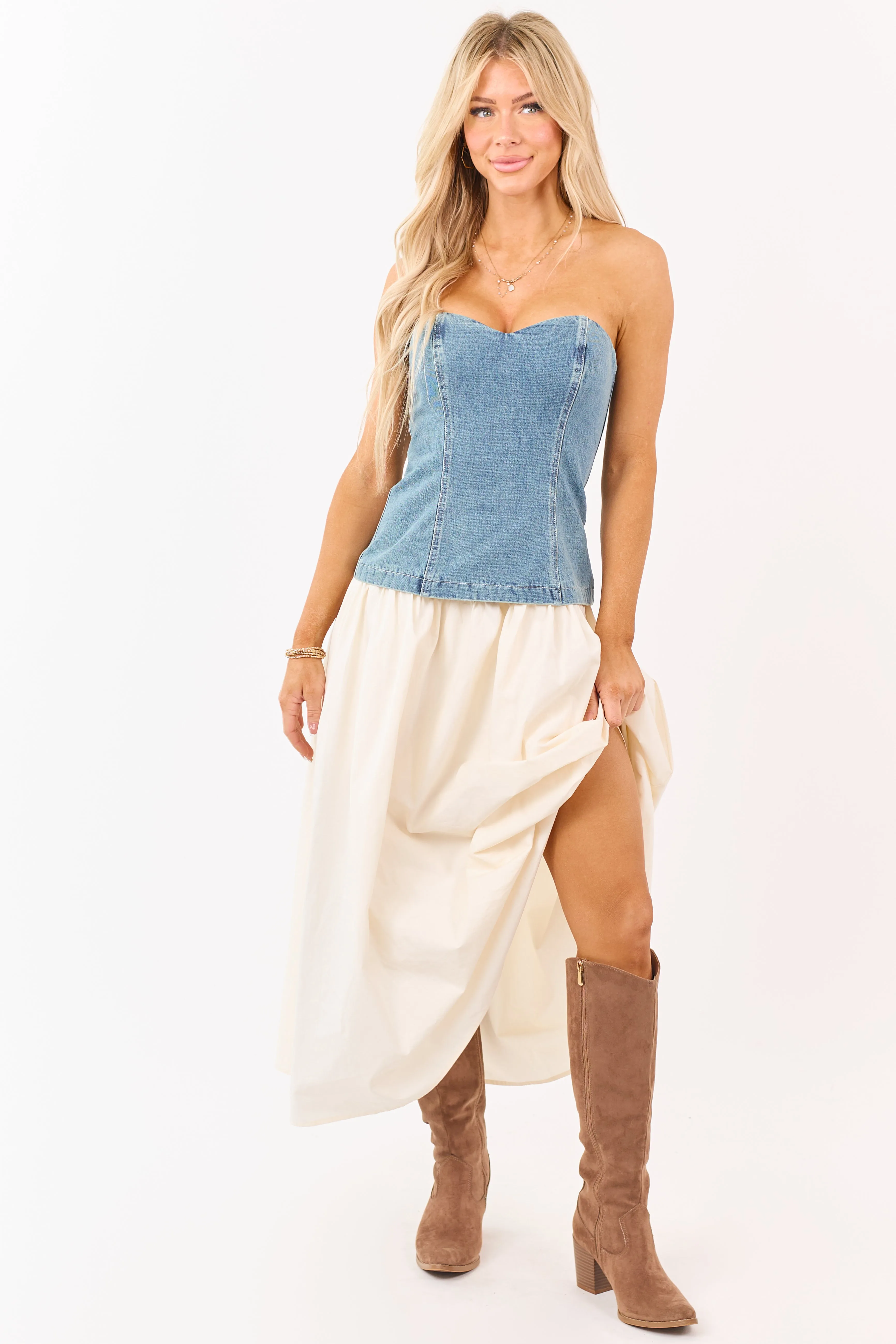 Medium Wash Denim Strapless Contrast Midi Dress sold by Lime Lush product image thumbnail 3