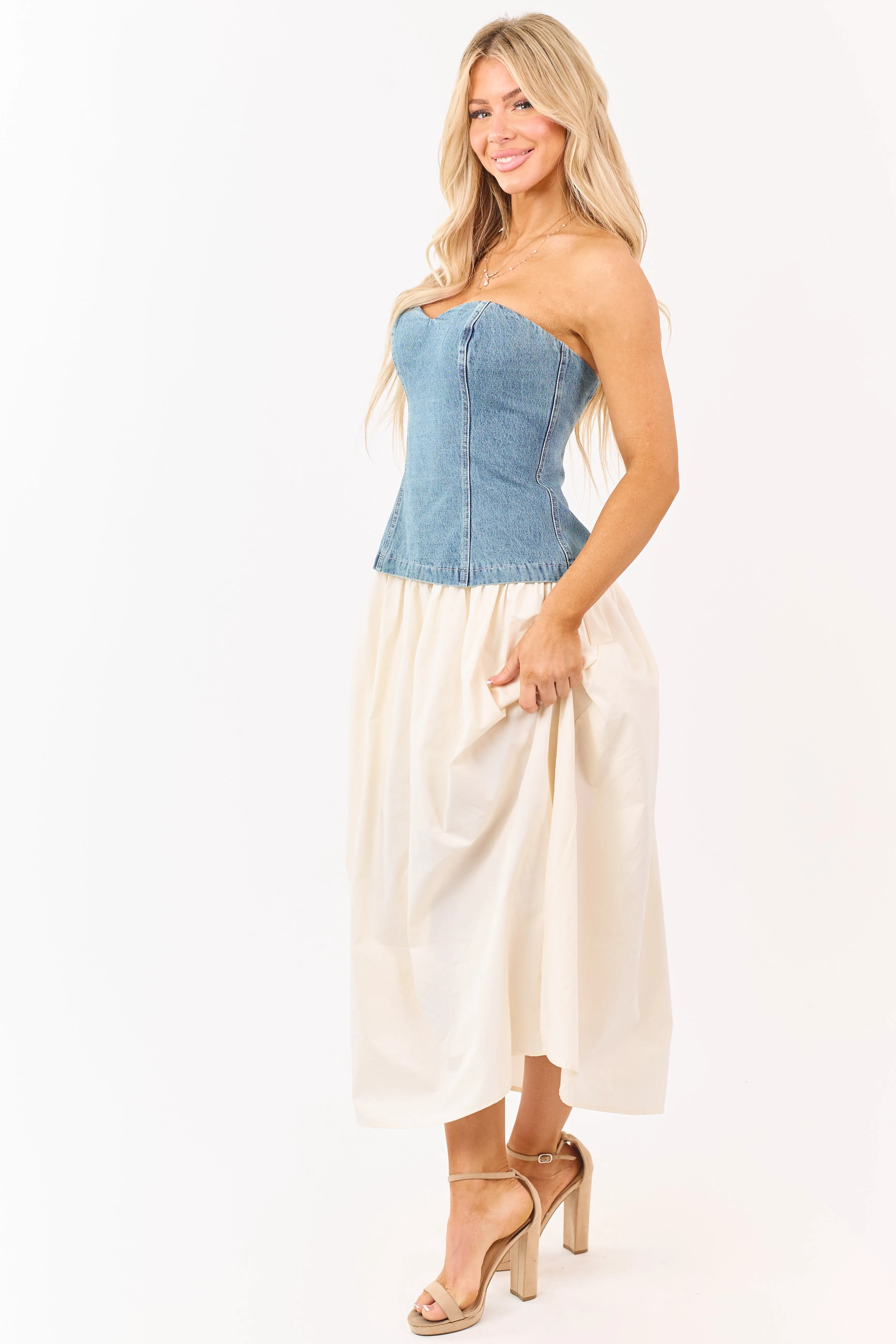 Medium Wash Denim Strapless Contrast Midi Dress sold by Lime Lush product image thumbnail 5