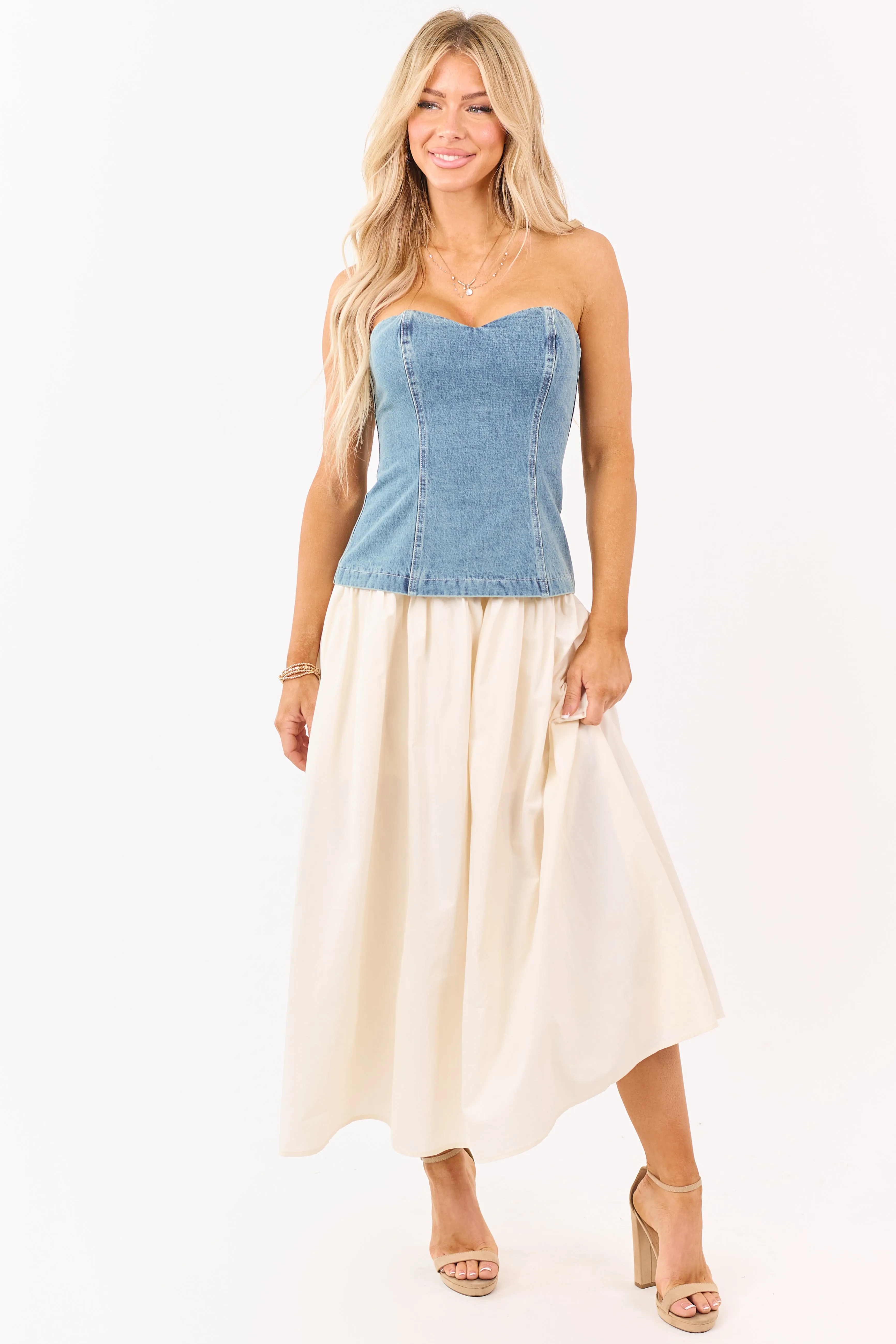 Medium Wash Denim Strapless Contrast Midi Dress sold by Lime Lush product image thumbnail 2