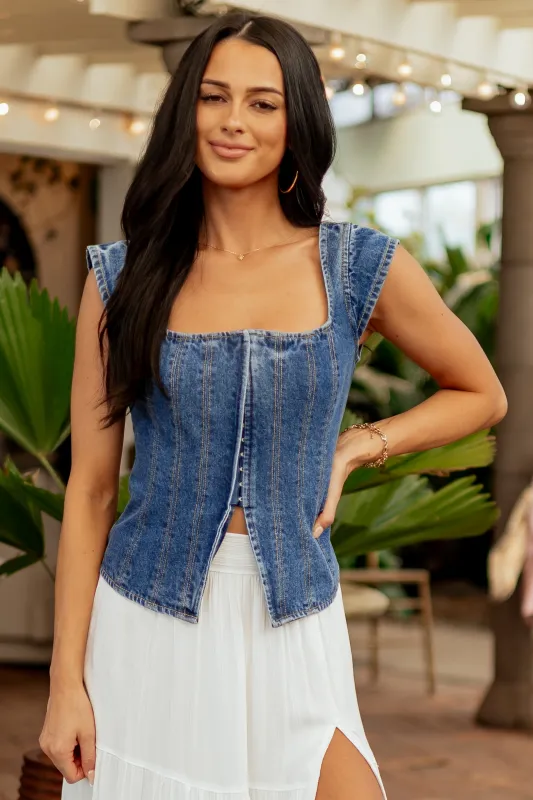 Dark Wash Denim Hook and Eye Front Closure Top sold by Lime Lush