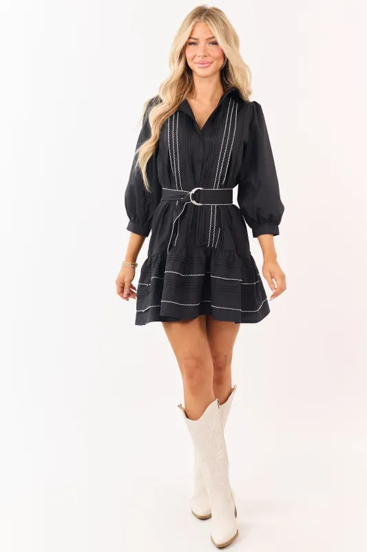 Entro Black Button Down Pintuck Belted Mini Dress made by entro