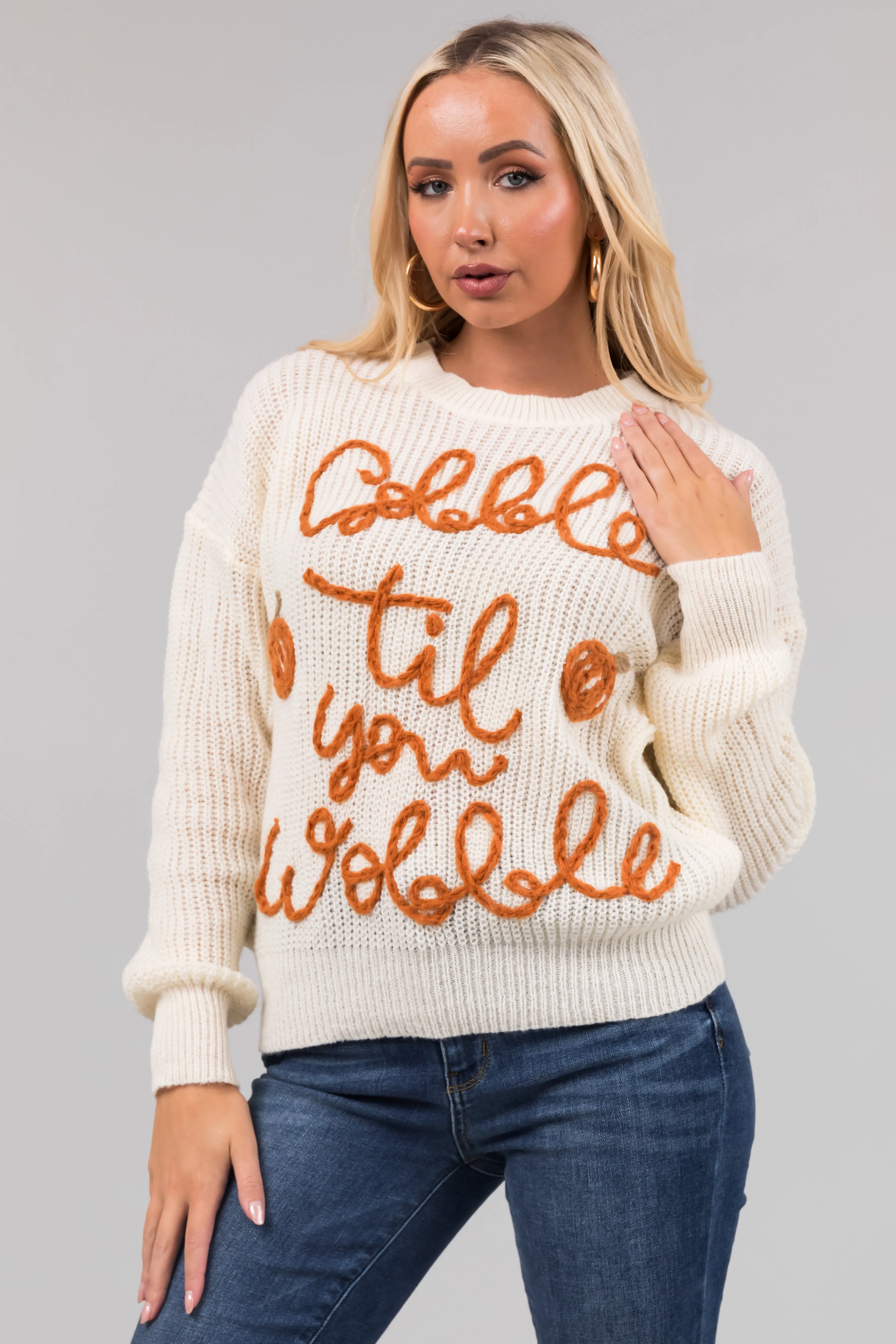 Cream 'Gobble Til You Wobble' Yarn Knit Sweater sold by Lime Lush
