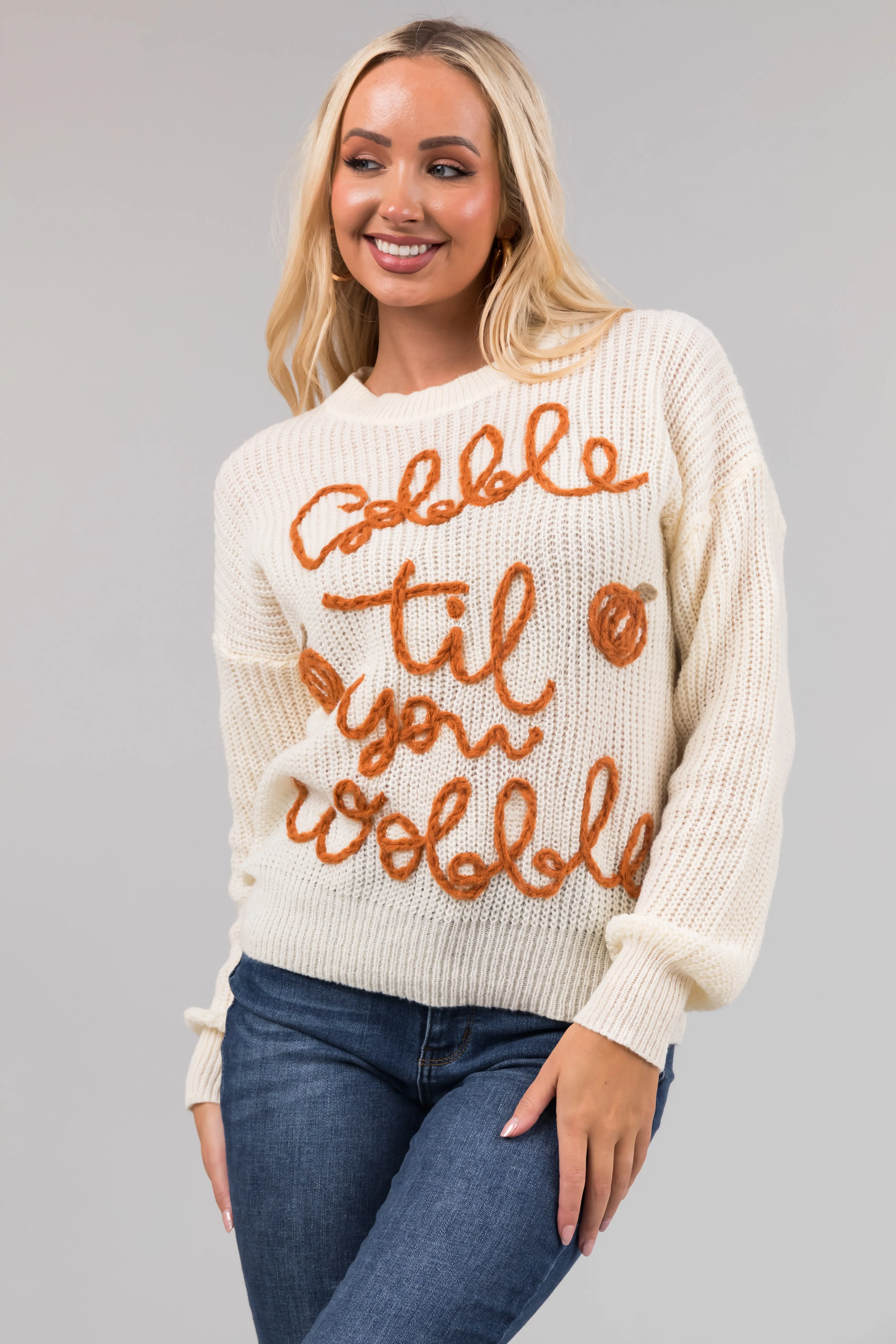 Cream 'Gobble Til You Wobble' Yarn Knit Sweater sold by Lime Lush product image thumbnail 2