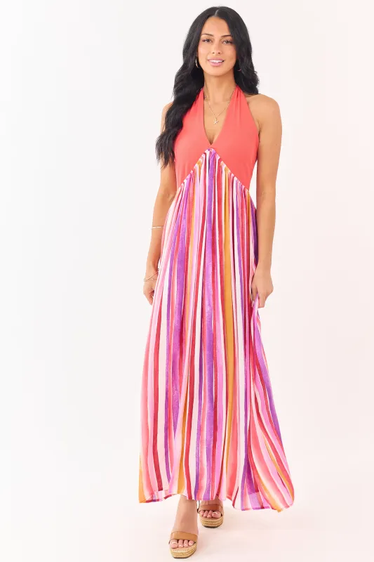 Scarlet Halter Neck Contrast Striped Maxi Dress sold by Lime Lush