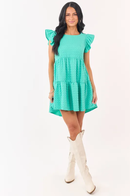 Aquamarine Textured Checkered Cap Sleeve Mini Dress made by Umgee