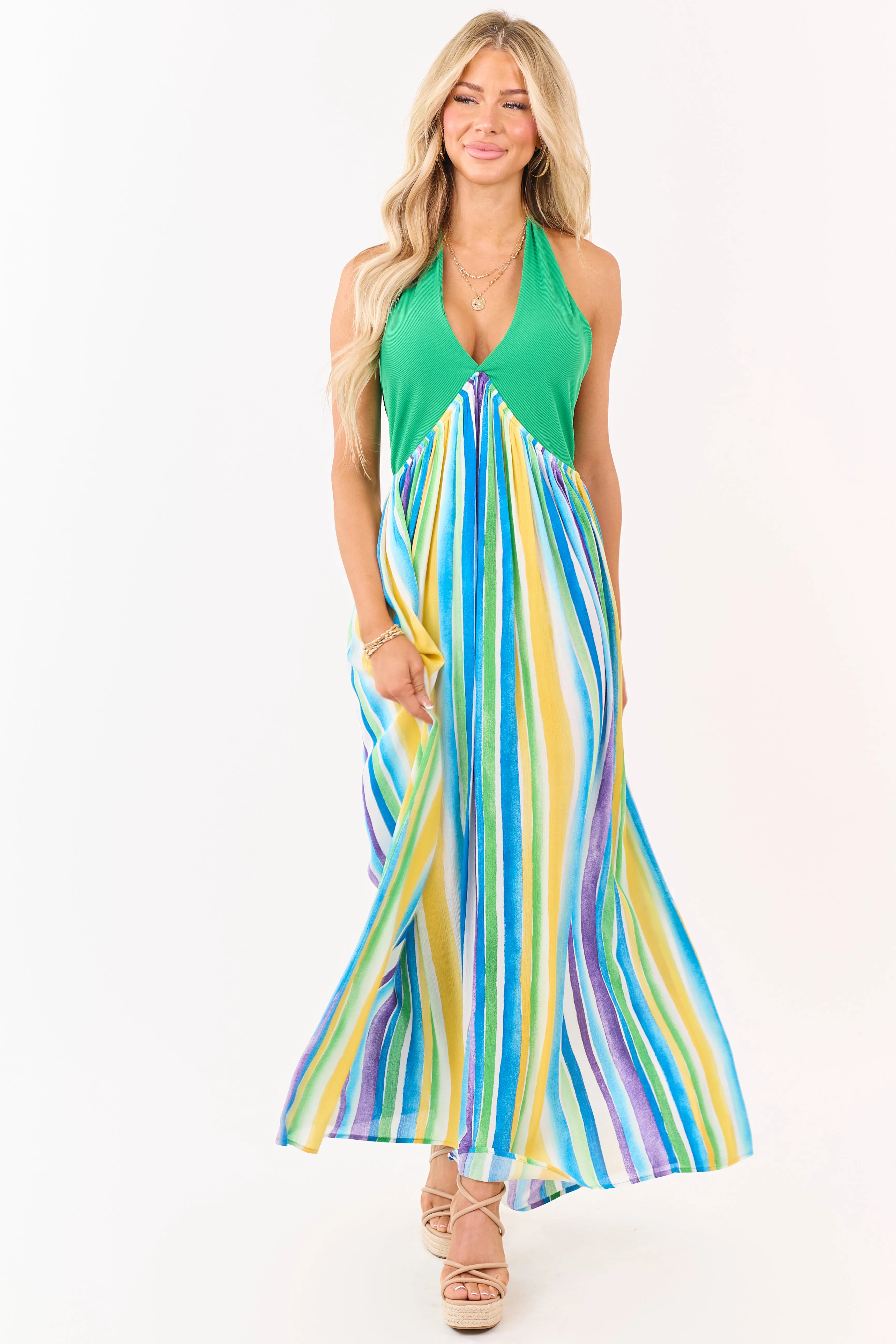 Kelly Green Halter Neck Contrast Striped Maxi Dress sold by Lime Lush product image thumbnail 2