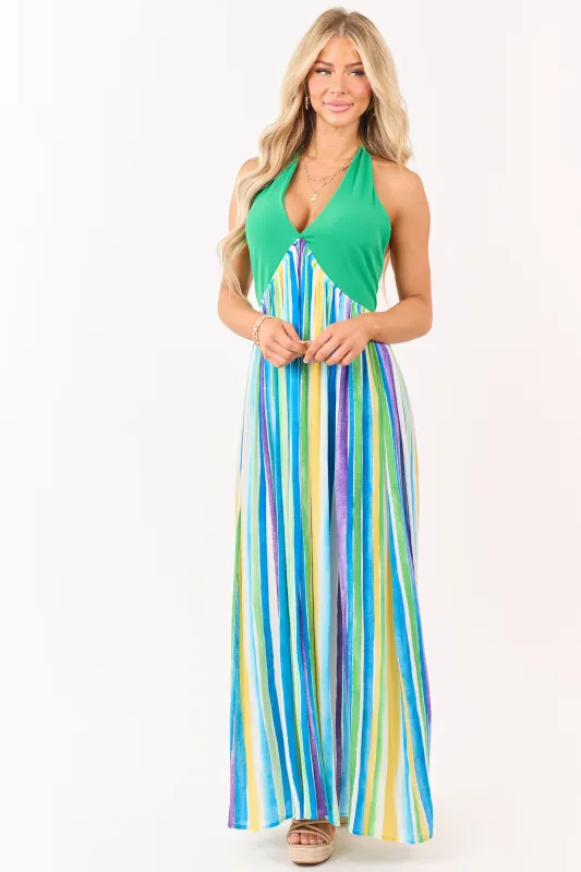 Kelly Green Halter Neck Contrast Striped Maxi Dress made by Ces Femme