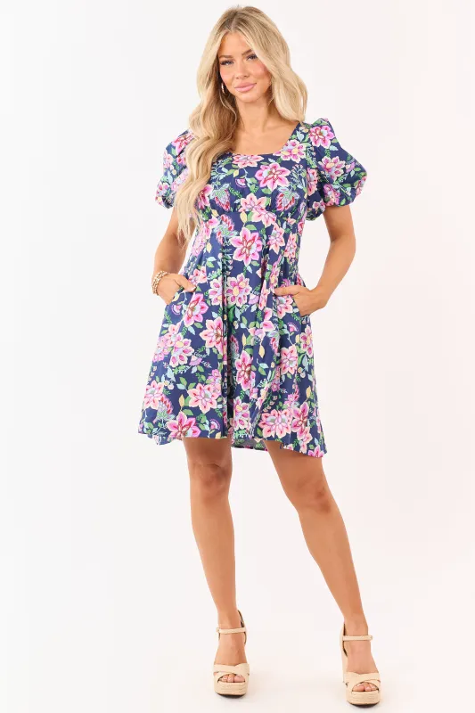 Listicle Navy Floral Print Puff Sleeve Cotton Mini Dress sold by Lime Lush