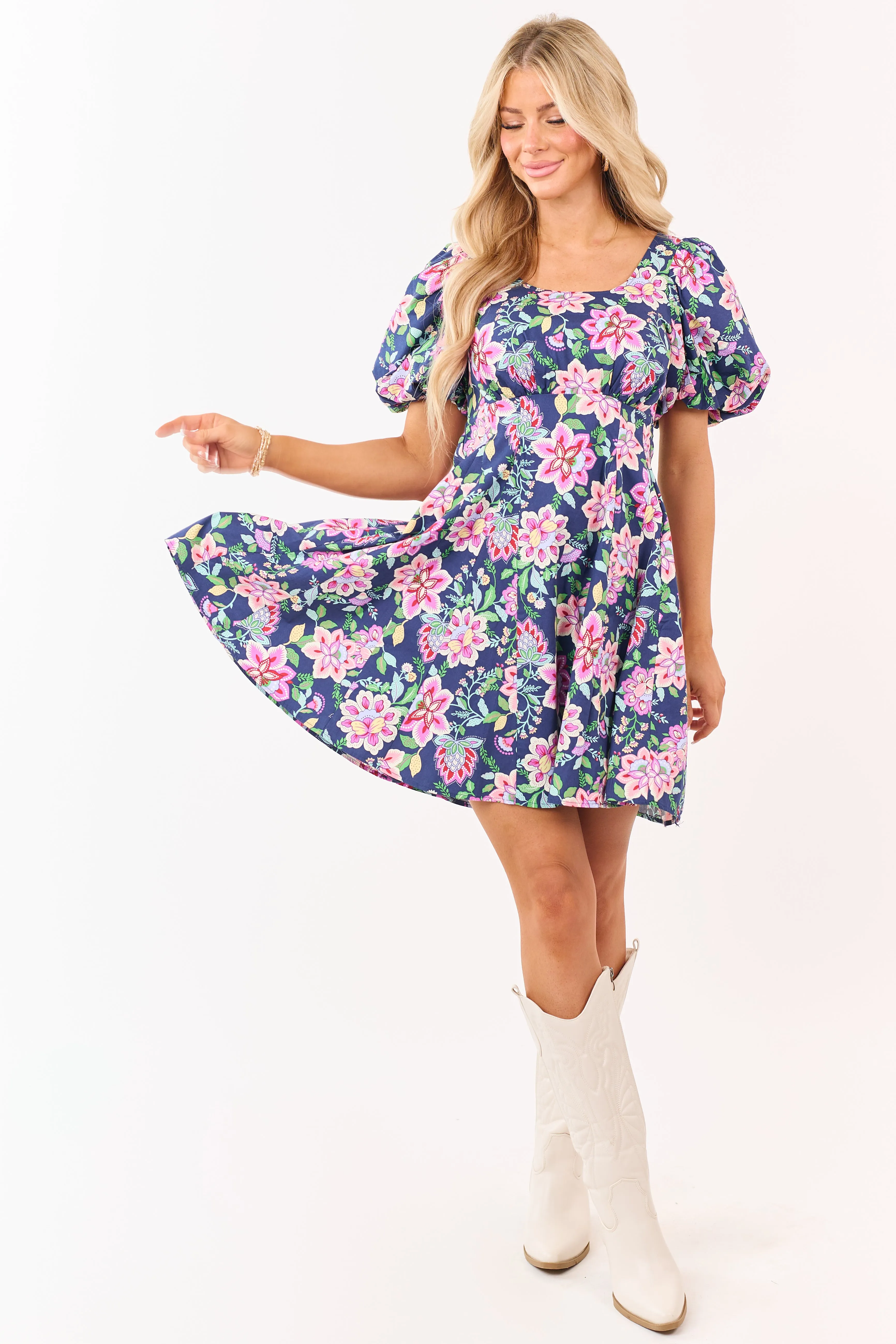 Listicle Navy Floral Print Puff Sleeve Cotton Mini Dress sold by Lime Lush product image thumbnail 3
