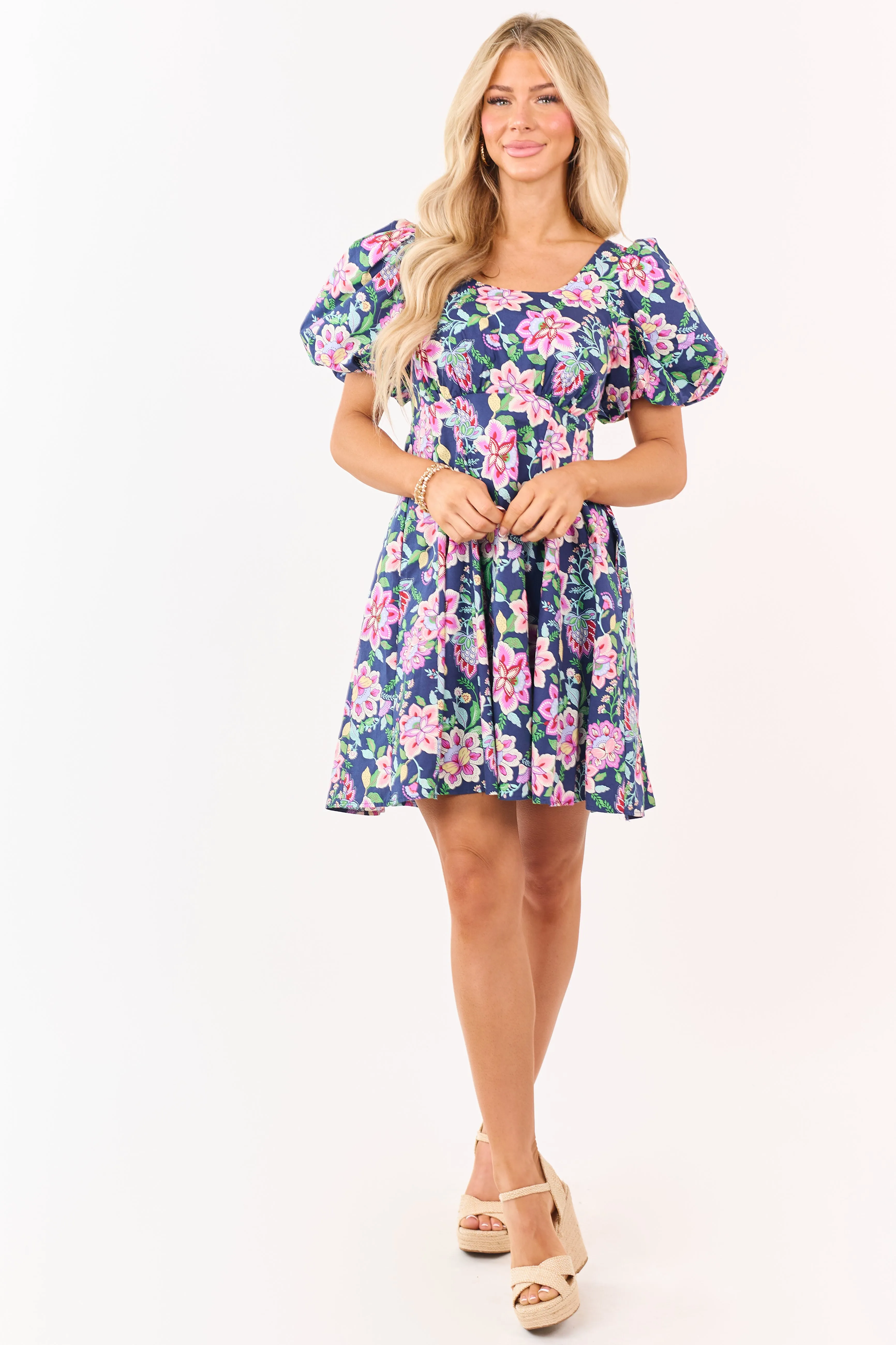 Listicle Navy Floral Print Puff Sleeve Cotton Mini Dress sold by Lime Lush product image thumbnail 2