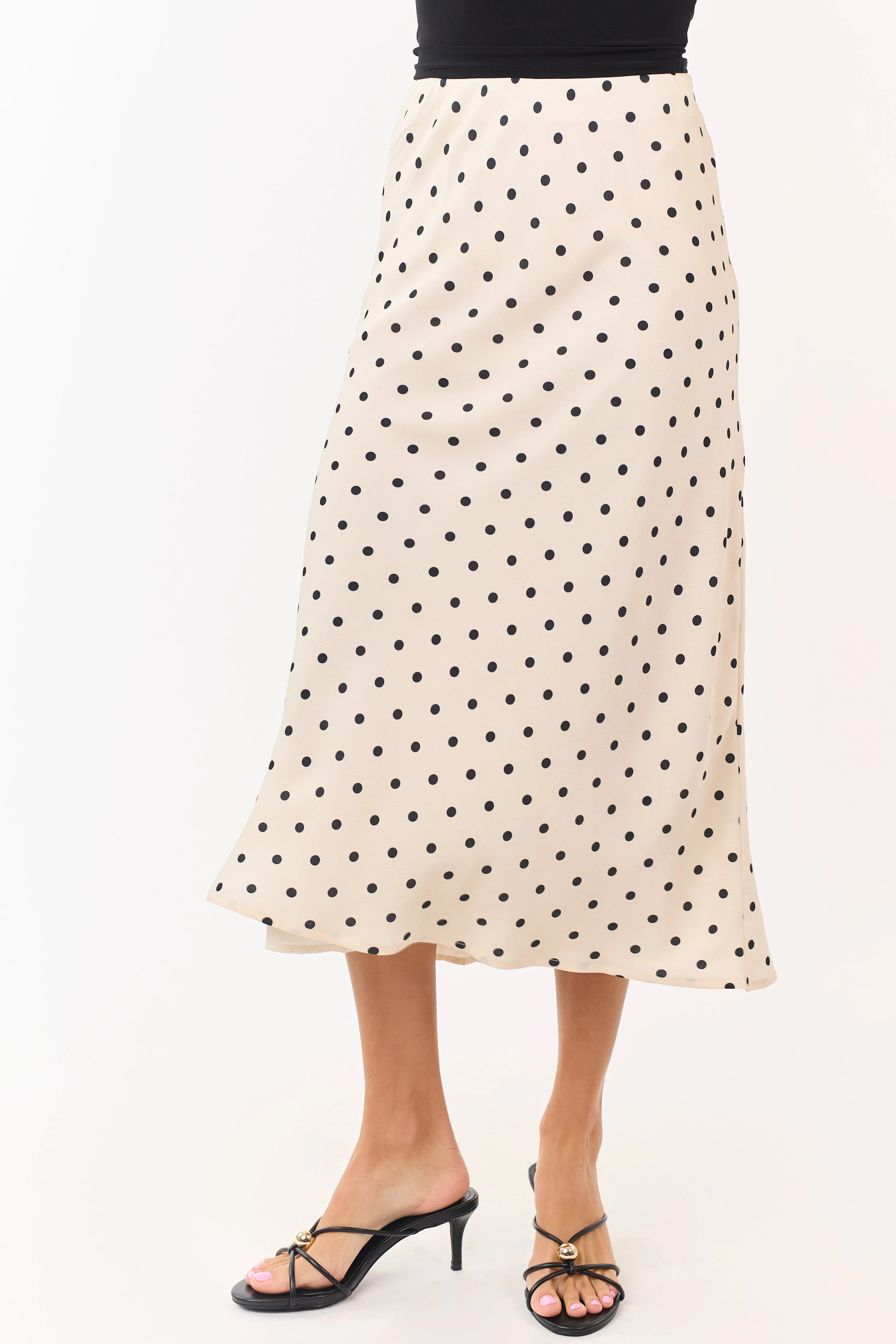 Champagne and Black Polka Dot Satin Midi Skirt sold by Lime Lush product image thumbnail 2