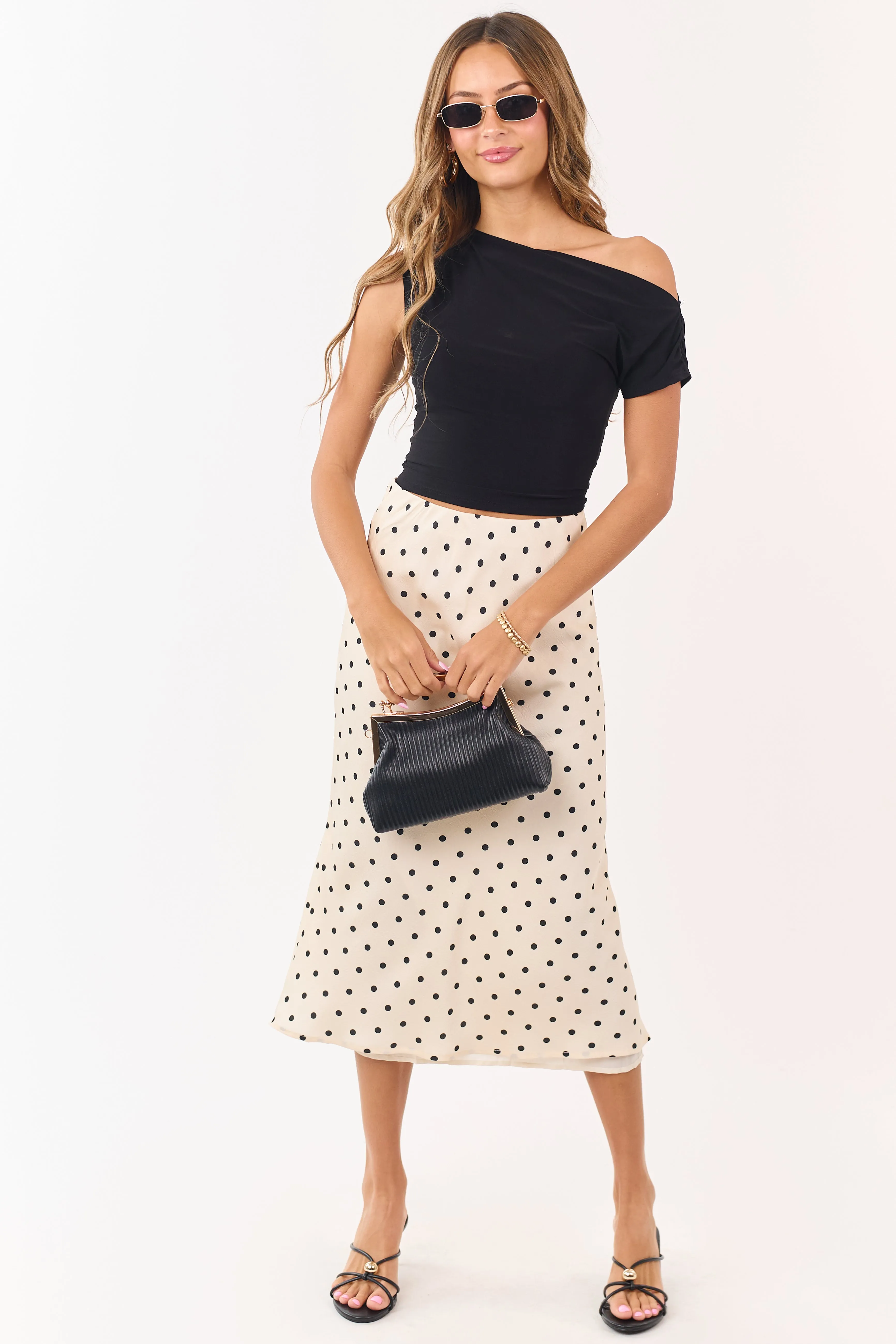 Champagne and Black Polka Dot Satin Midi Skirt sold by Lime Lush product image thumbnail 5