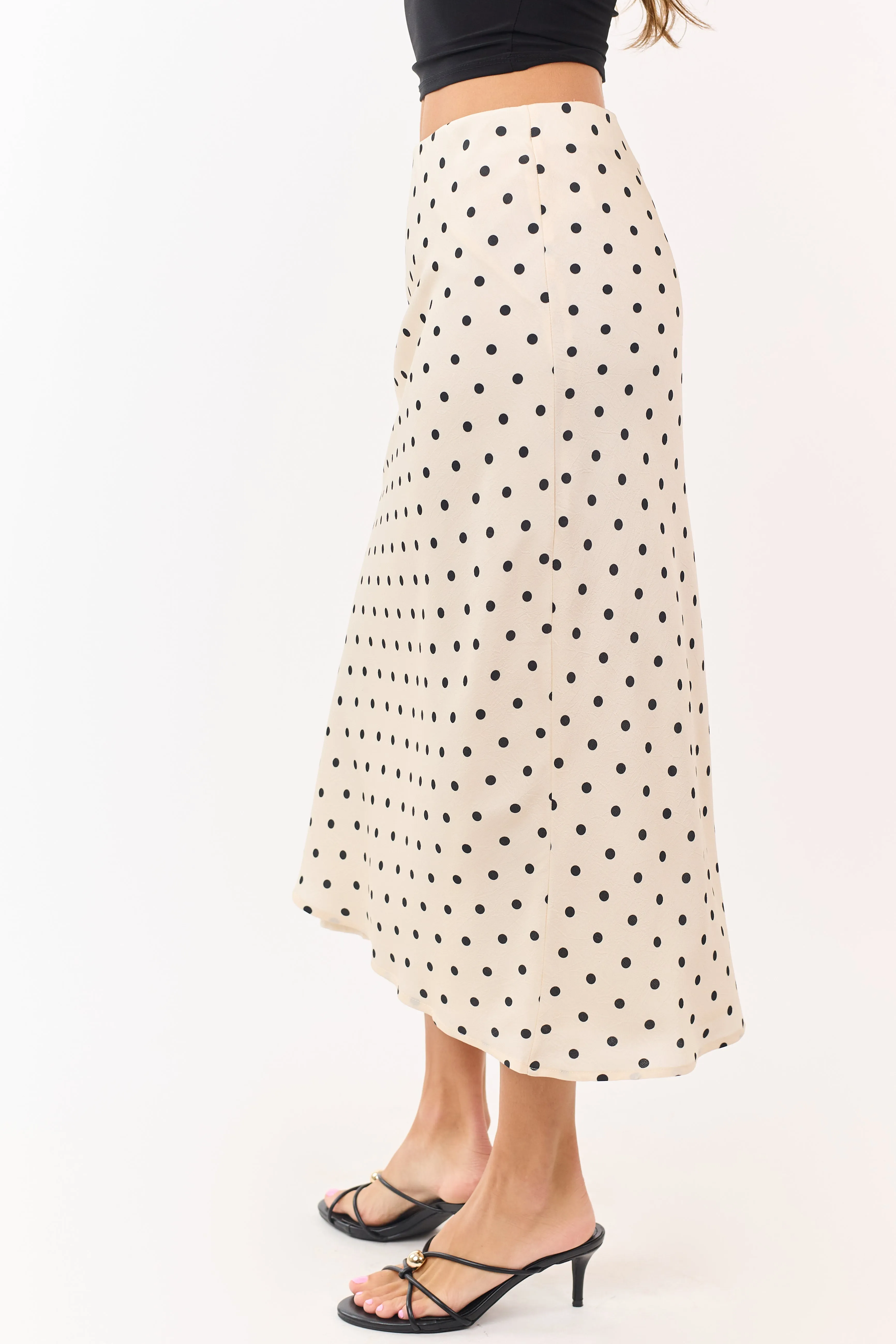Champagne and Black Polka Dot Satin Midi Skirt sold by Lime Lush product image thumbnail 3