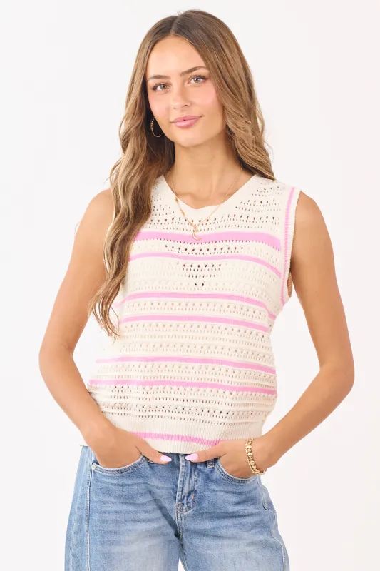 Cream Striped Pointelle Crochet Tank Top made by mittoshop