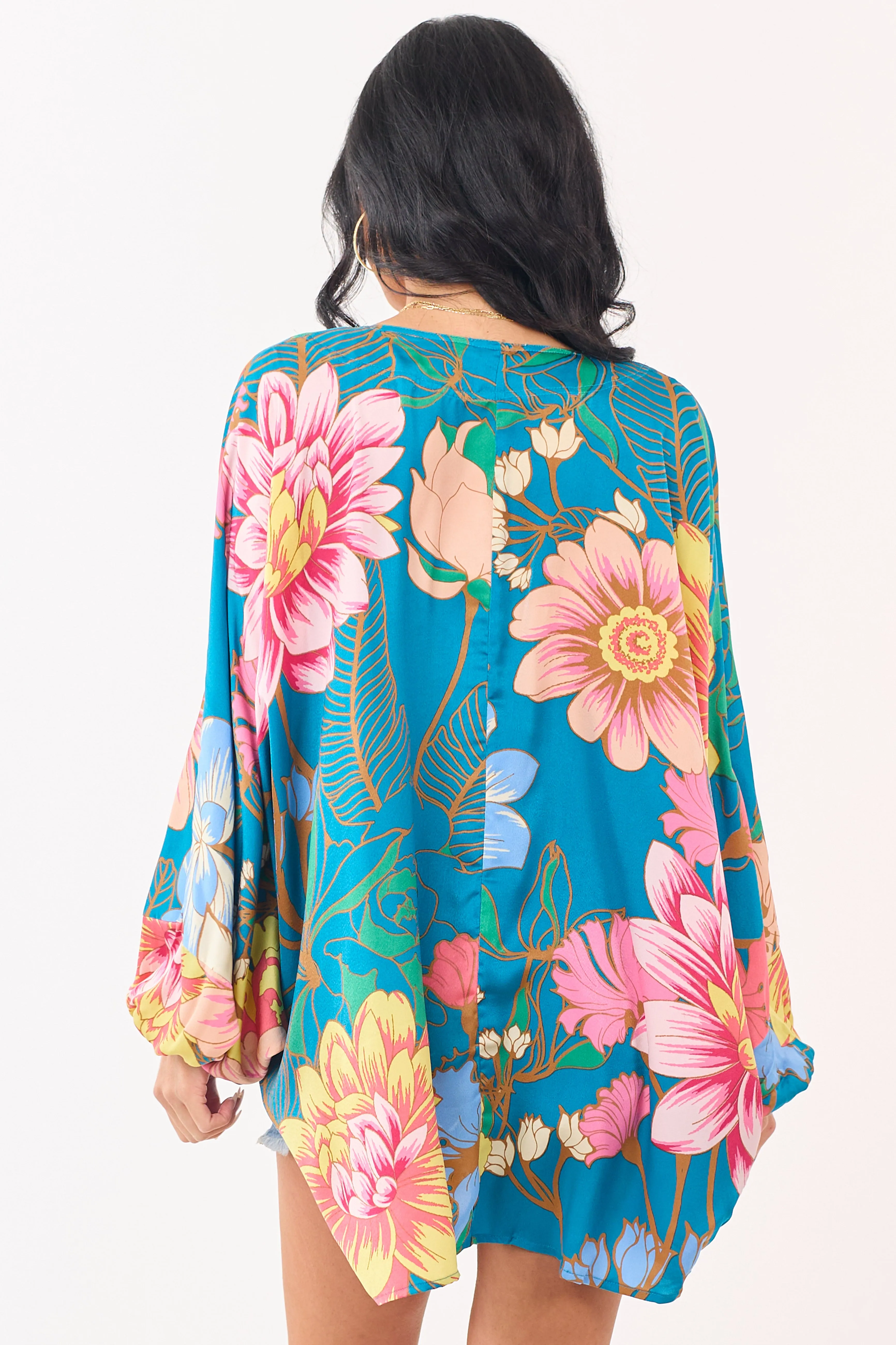 Ocean Floral Print Open Front Satin Kimono sold by Lime Lush product image thumbnail 5