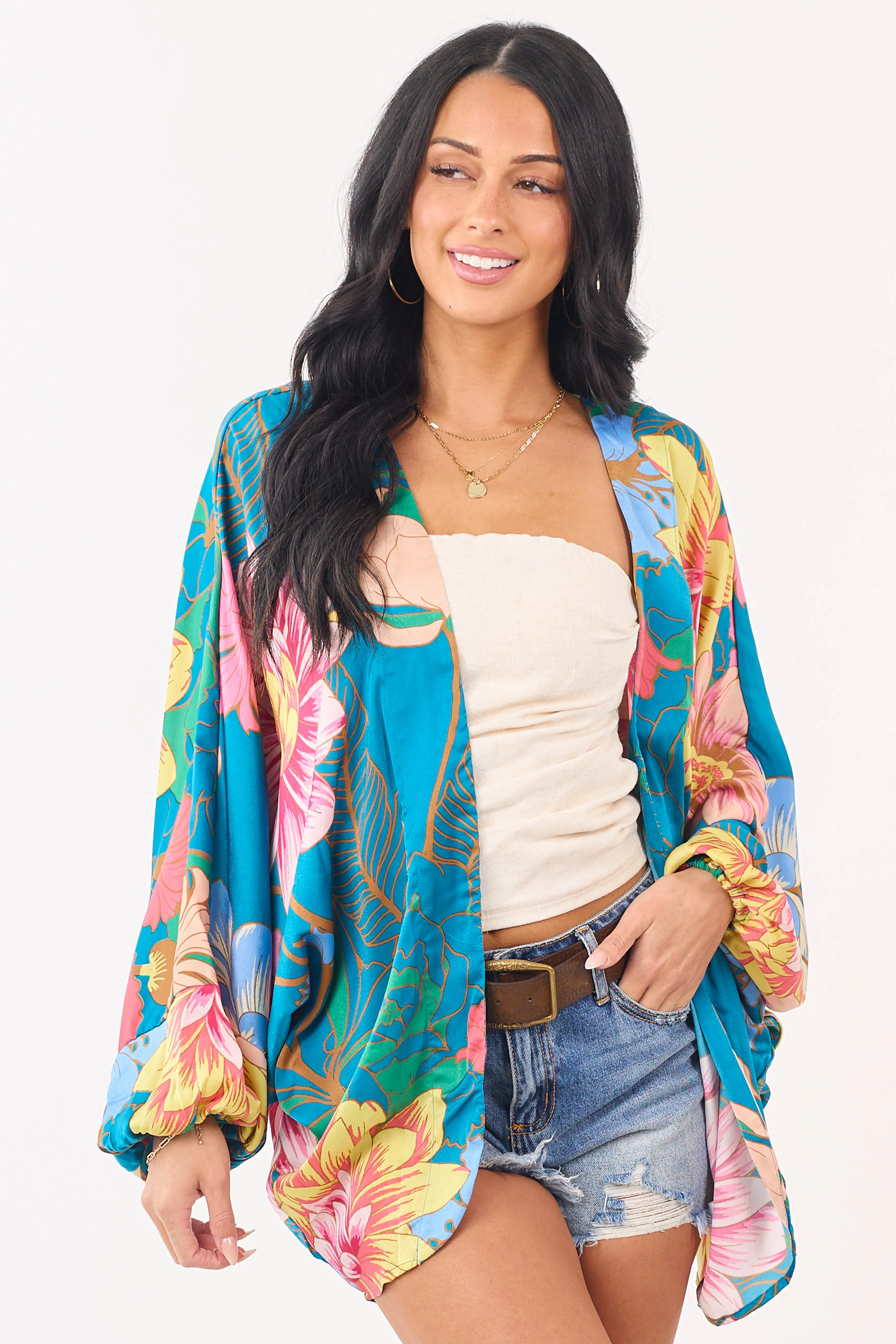 Ocean Floral Print Open Front Satin Kimono sold by Lime Lush