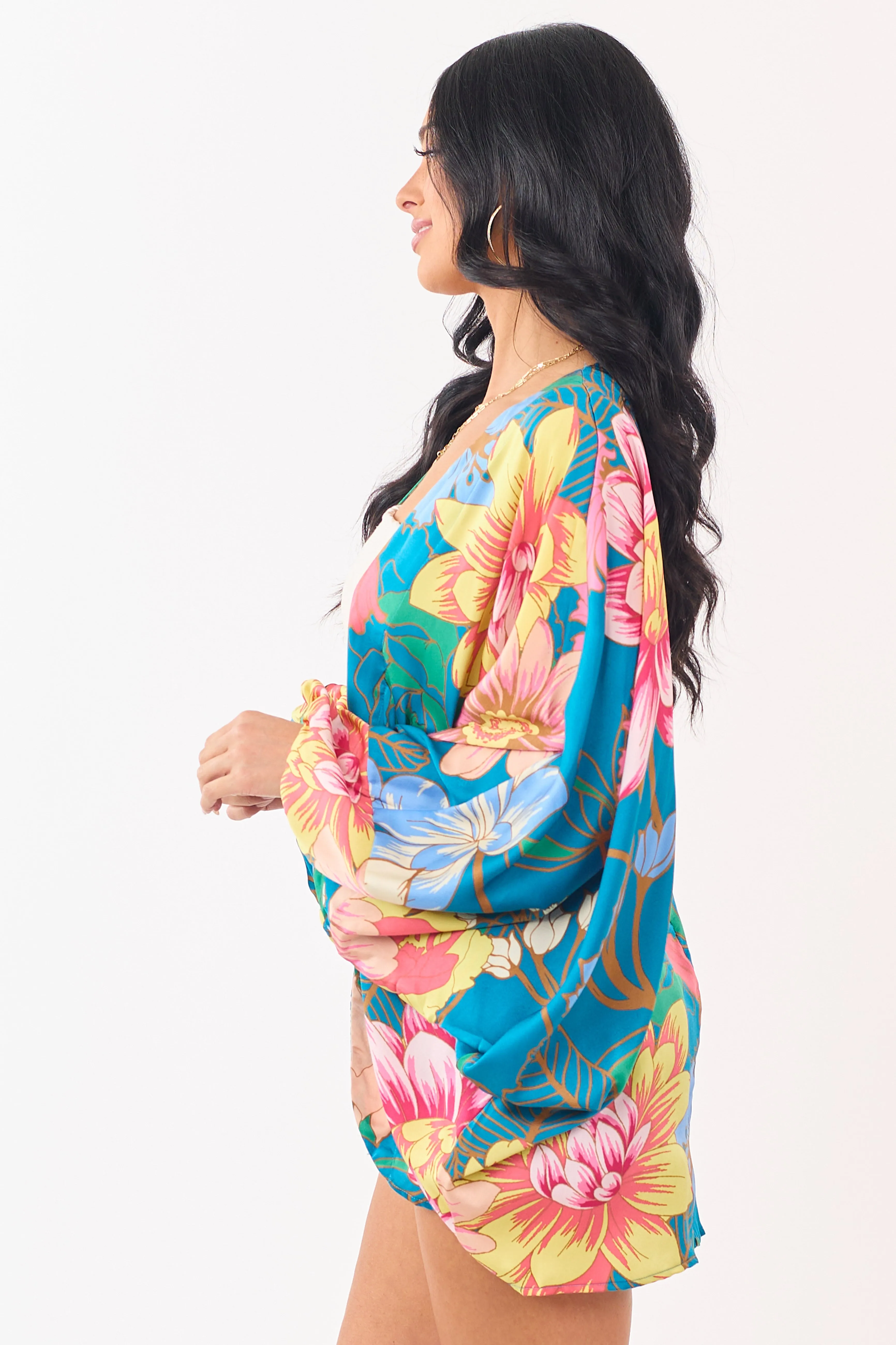 Ocean Floral Print Open Front Satin Kimono sold by Lime Lush product image thumbnail 4