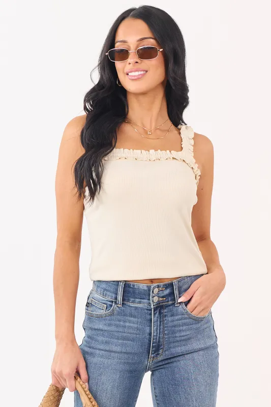 Almond Rib Knit Ruffle Trim Elastic Strap Tank Top made by mittoshop