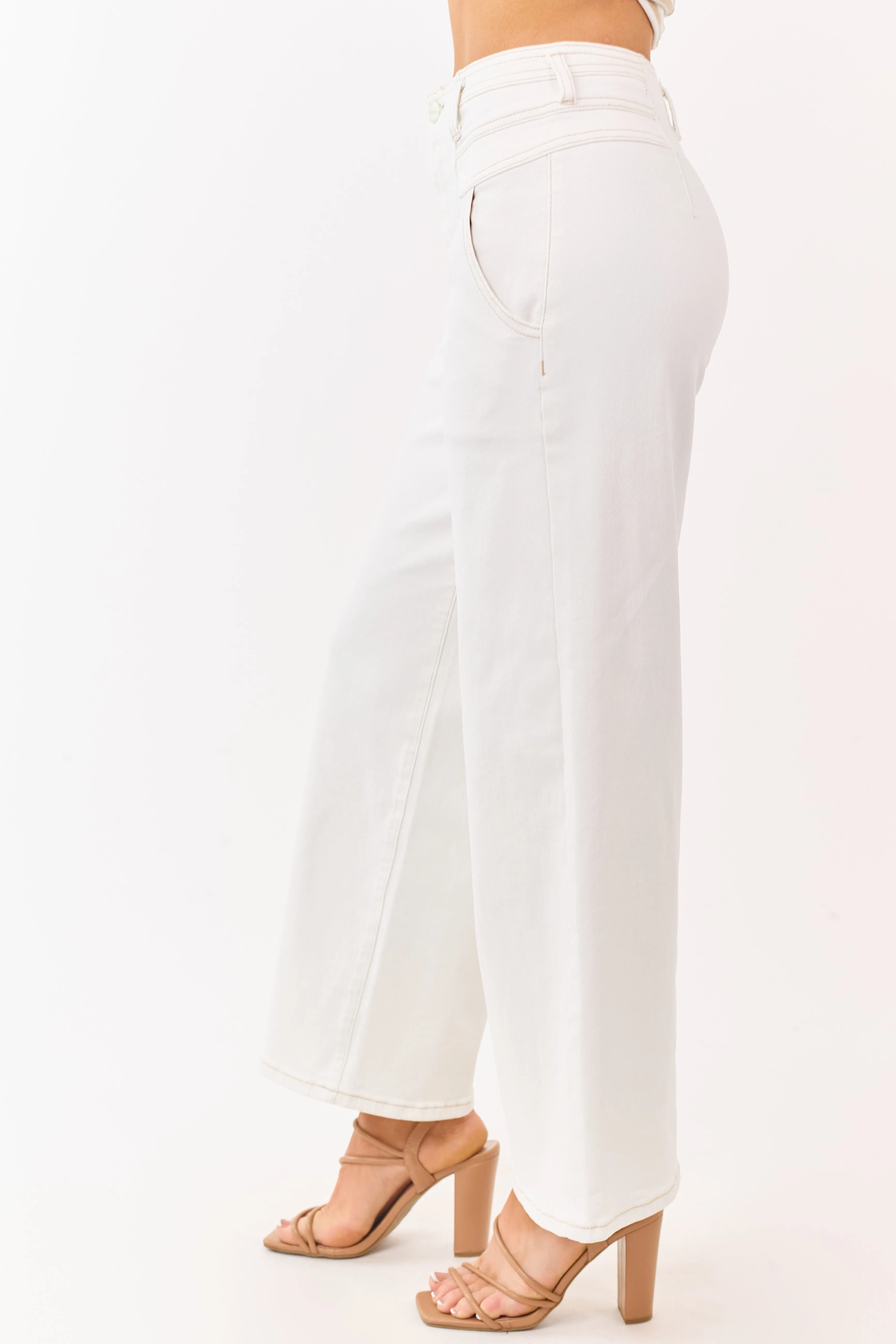 Risen Ivory Contrast Stitch Stretchy Wide Leg Jeans sold by Lime Lush product image thumbnail 3