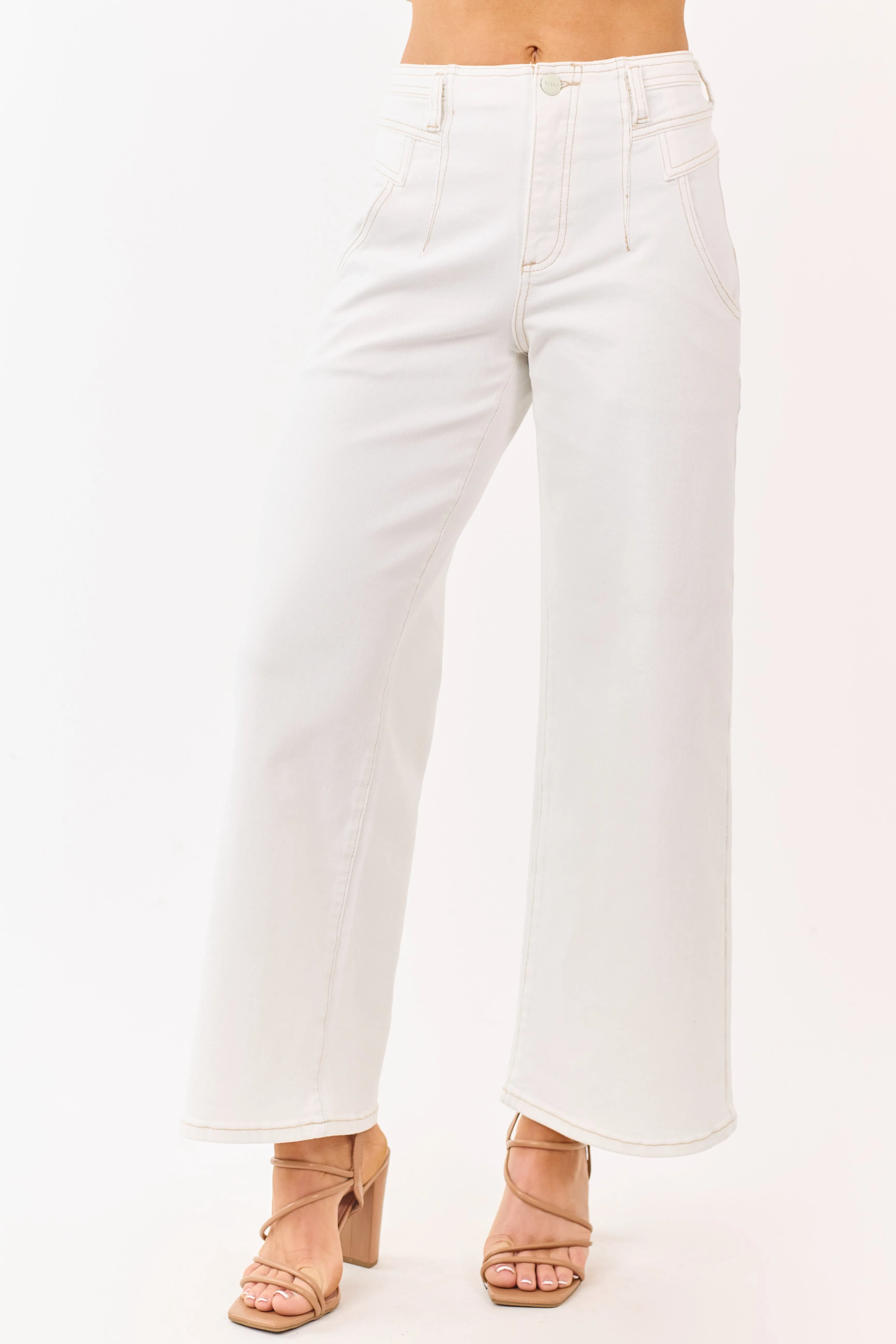 Risen Ivory Contrast Stitch Stretchy Wide Leg Jeans sold by Lime Lush product image thumbnail 2