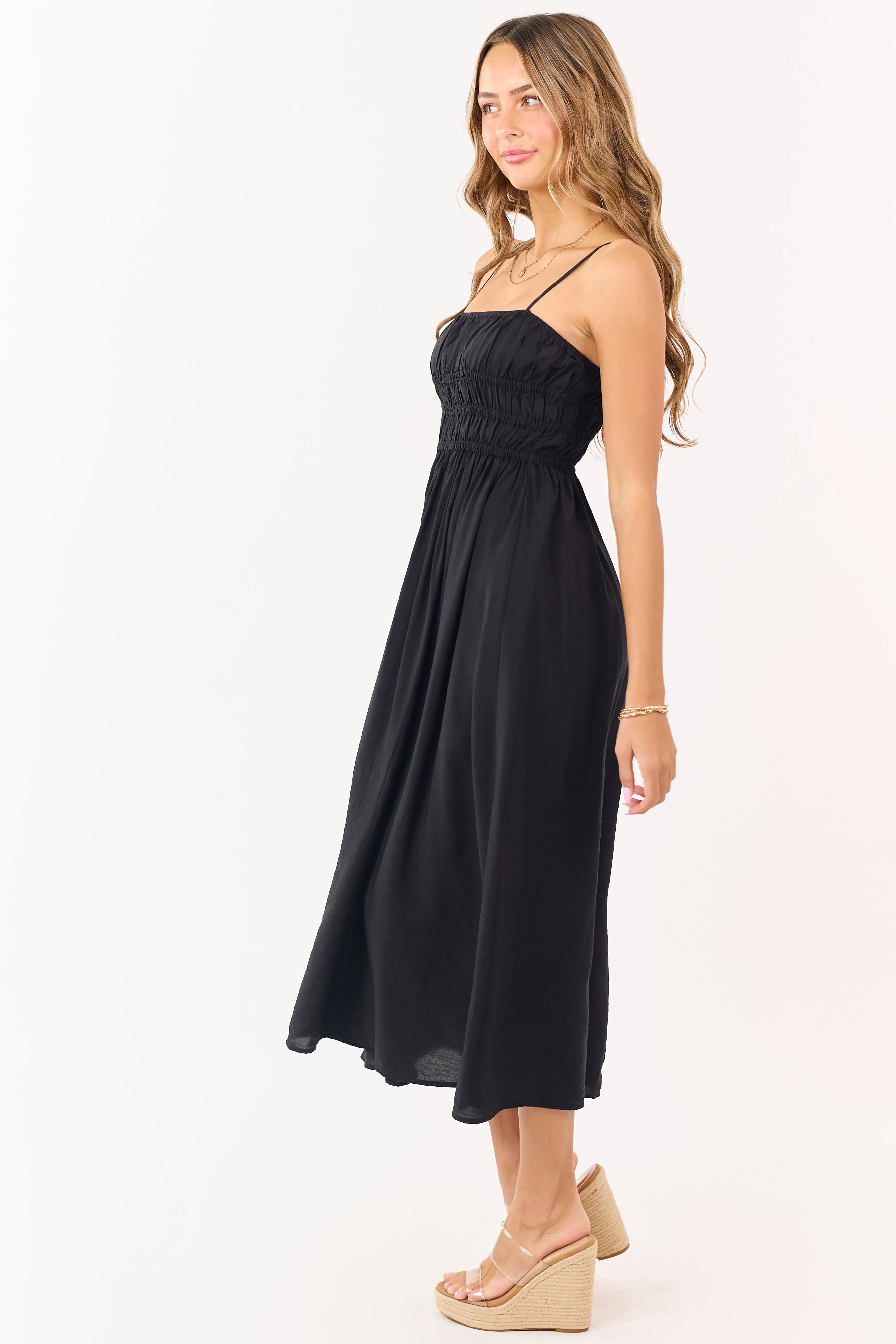 Black Smocked Bodice Sleeveless Maxi Dress sold by Lime Lush product image thumbnail 3
