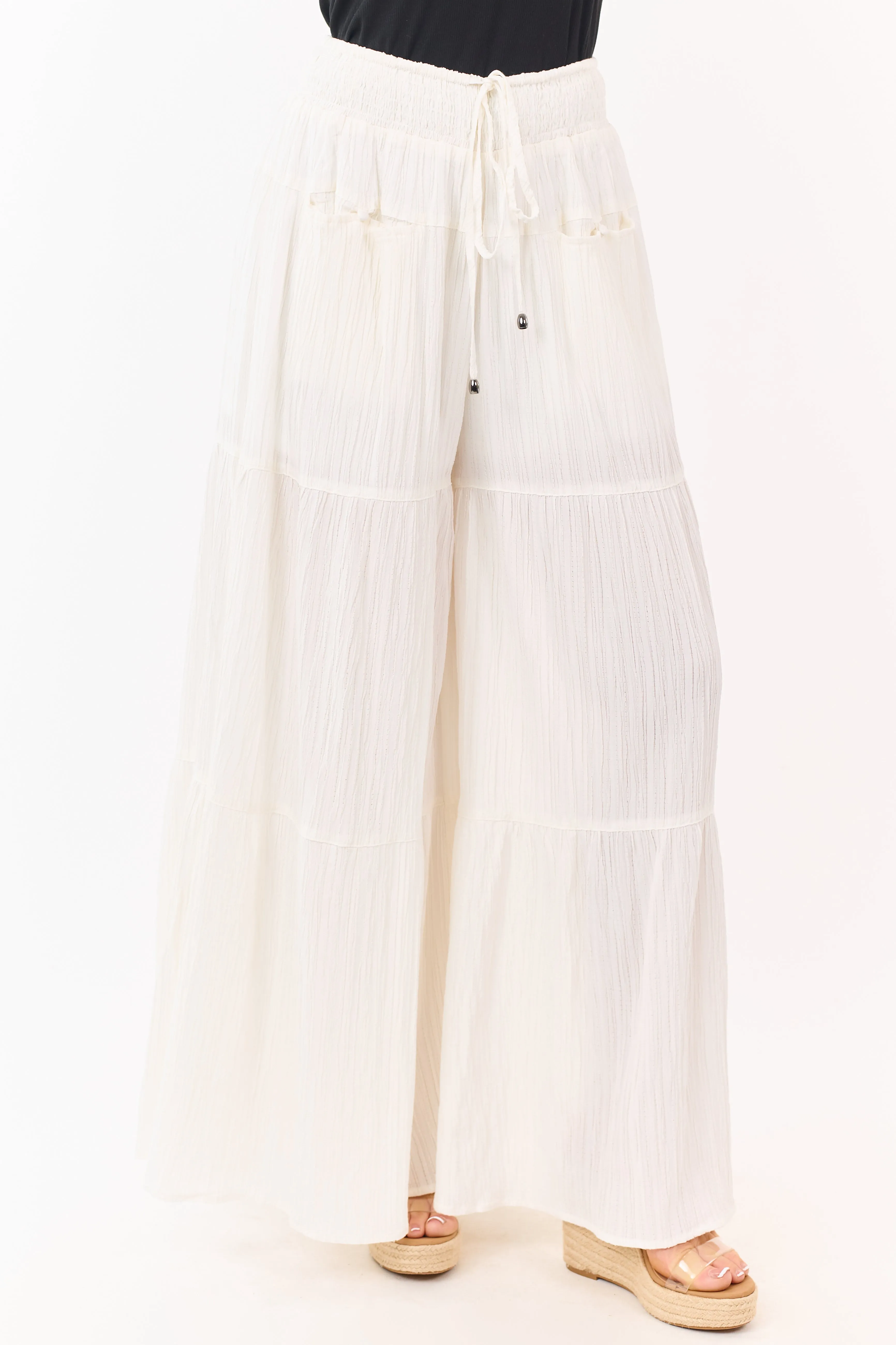 Entro Cream Smocked Drawstring Waist Palazzo Pants sold by Lime Lush product image thumbnail 2