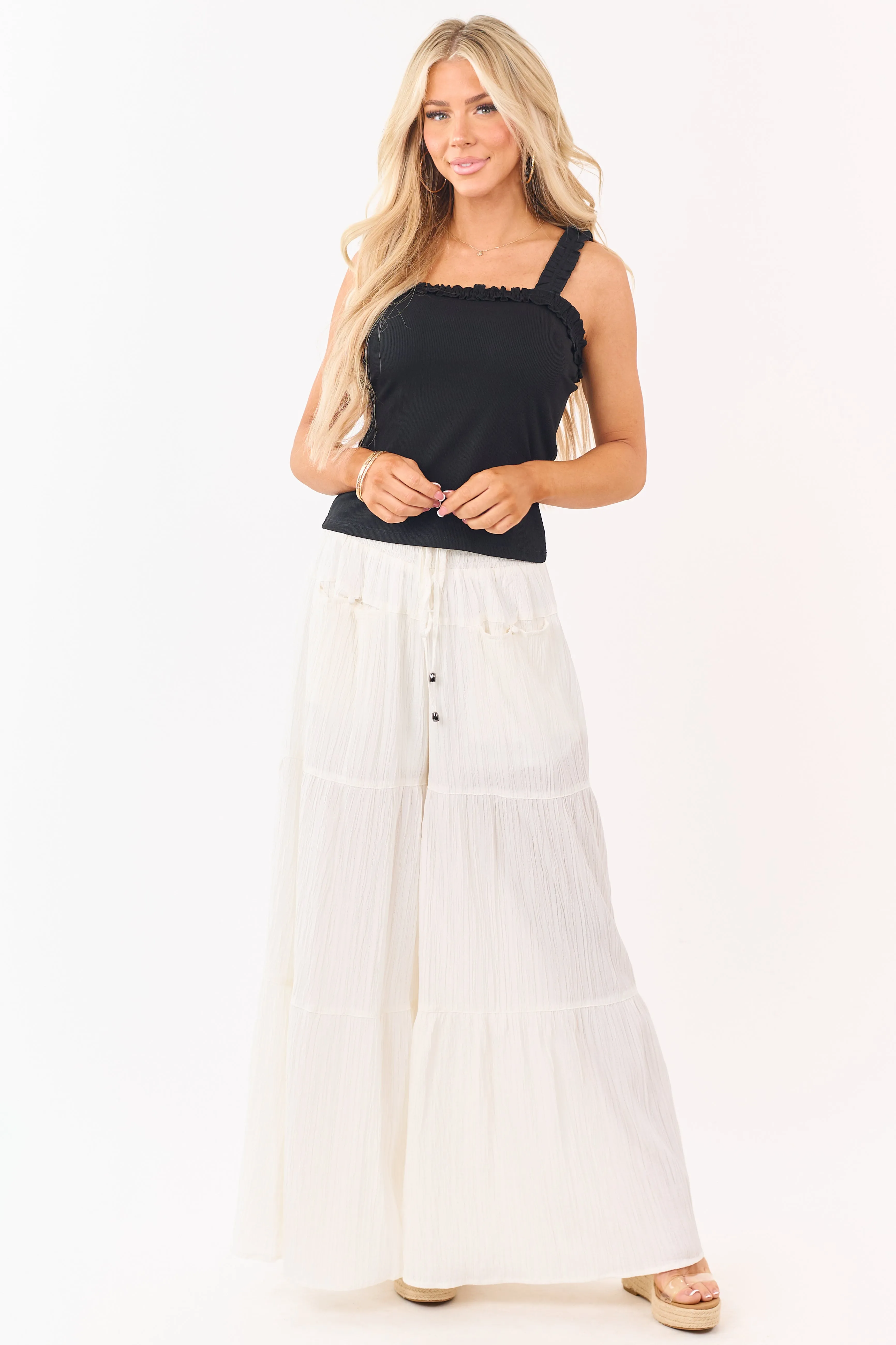 Entro Cream Smocked Drawstring Waist Palazzo Pants sold by Lime Lush product image thumbnail 5