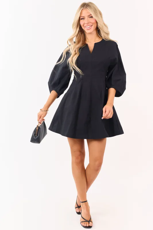 Entro Black 3/4 Sleeve Cotton V-Neck Mini Dress sold by Lime Lush