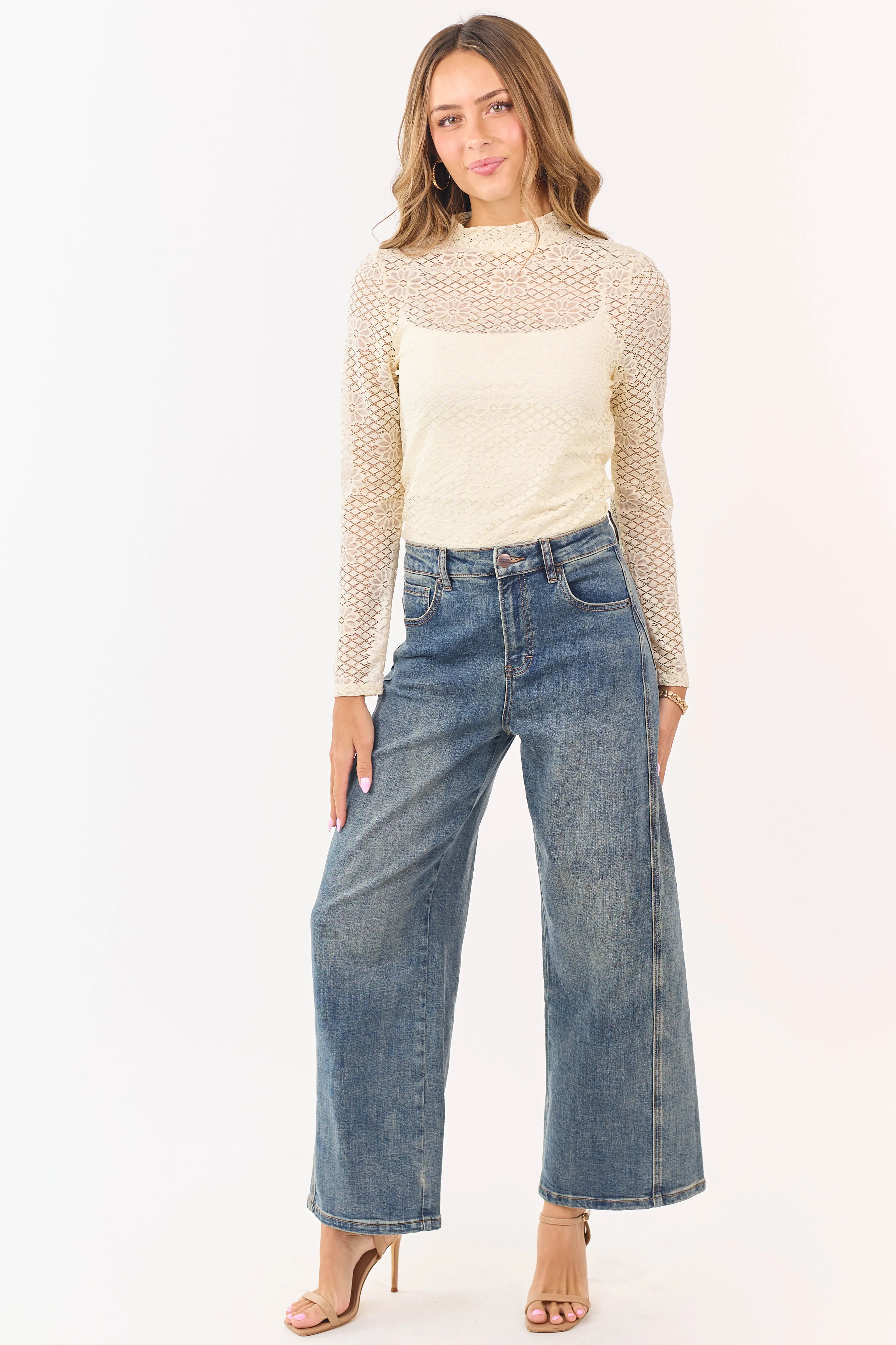 Cream Floral Sheer Lace Mock Neck Long Sleeve Top sold by Lime Lush product image thumbnail 2