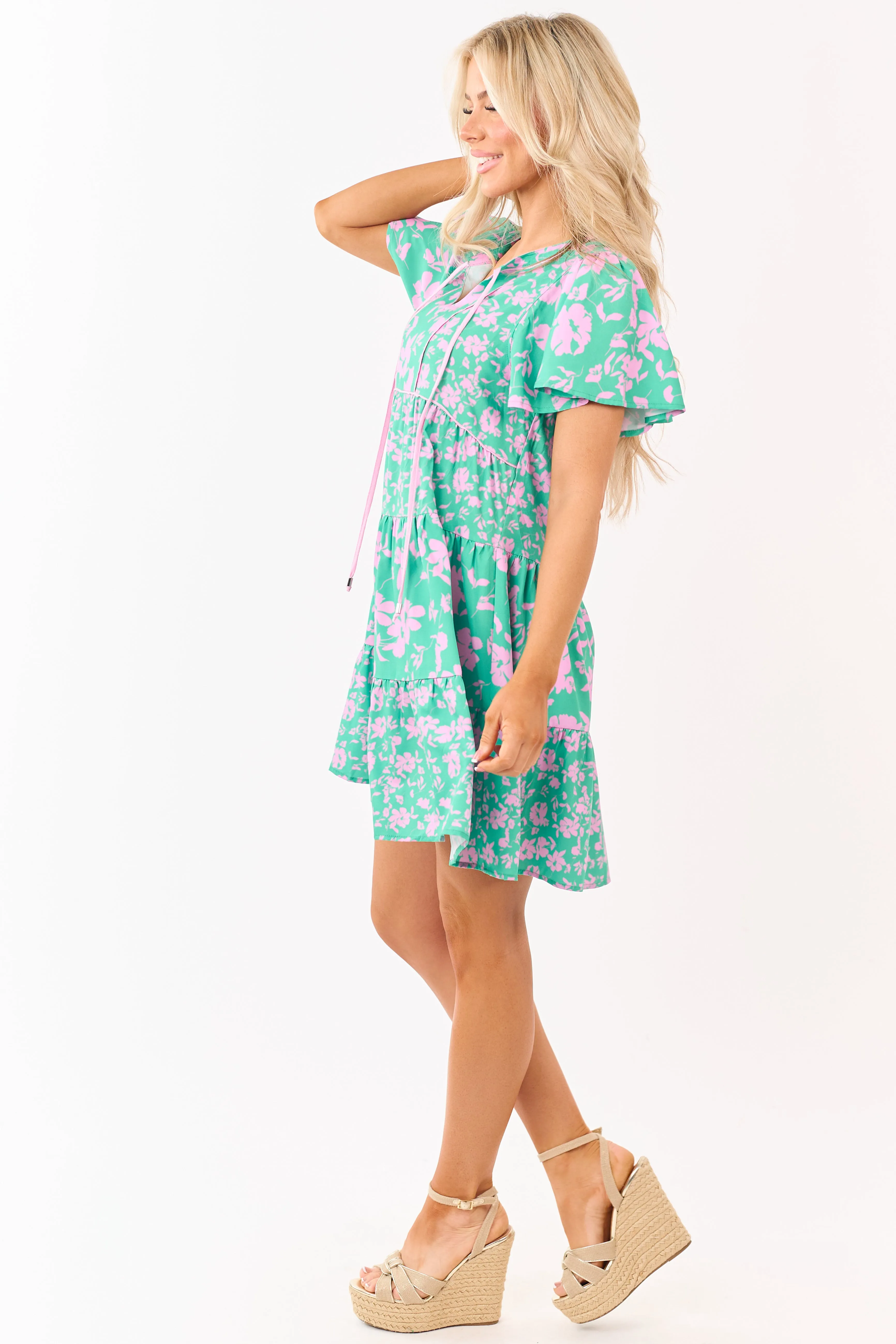 Kelly Green Floral Print Flutter Sleeve Mini Dress sold by Lime Lush product image thumbnail 4