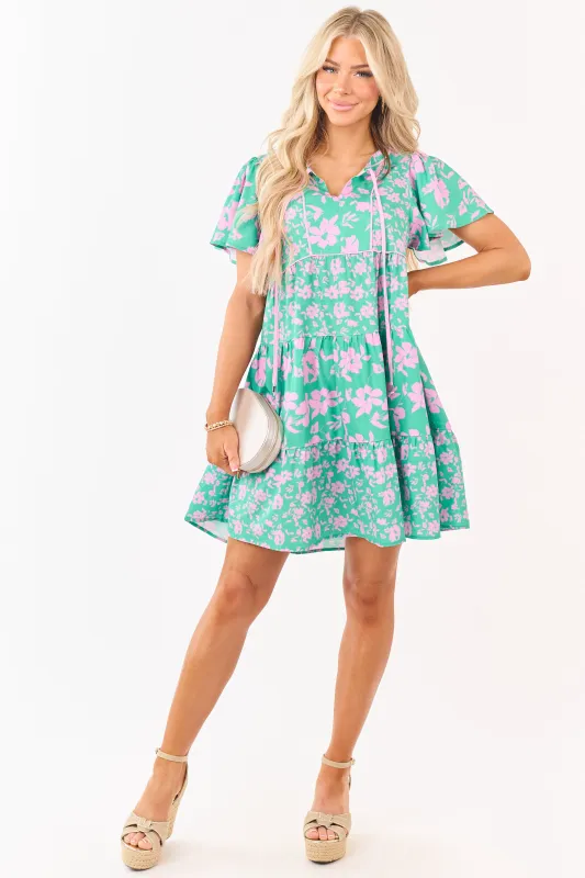 Kelly Green Floral Print Flutter Sleeve Mini Dress sold by Lime Lush
