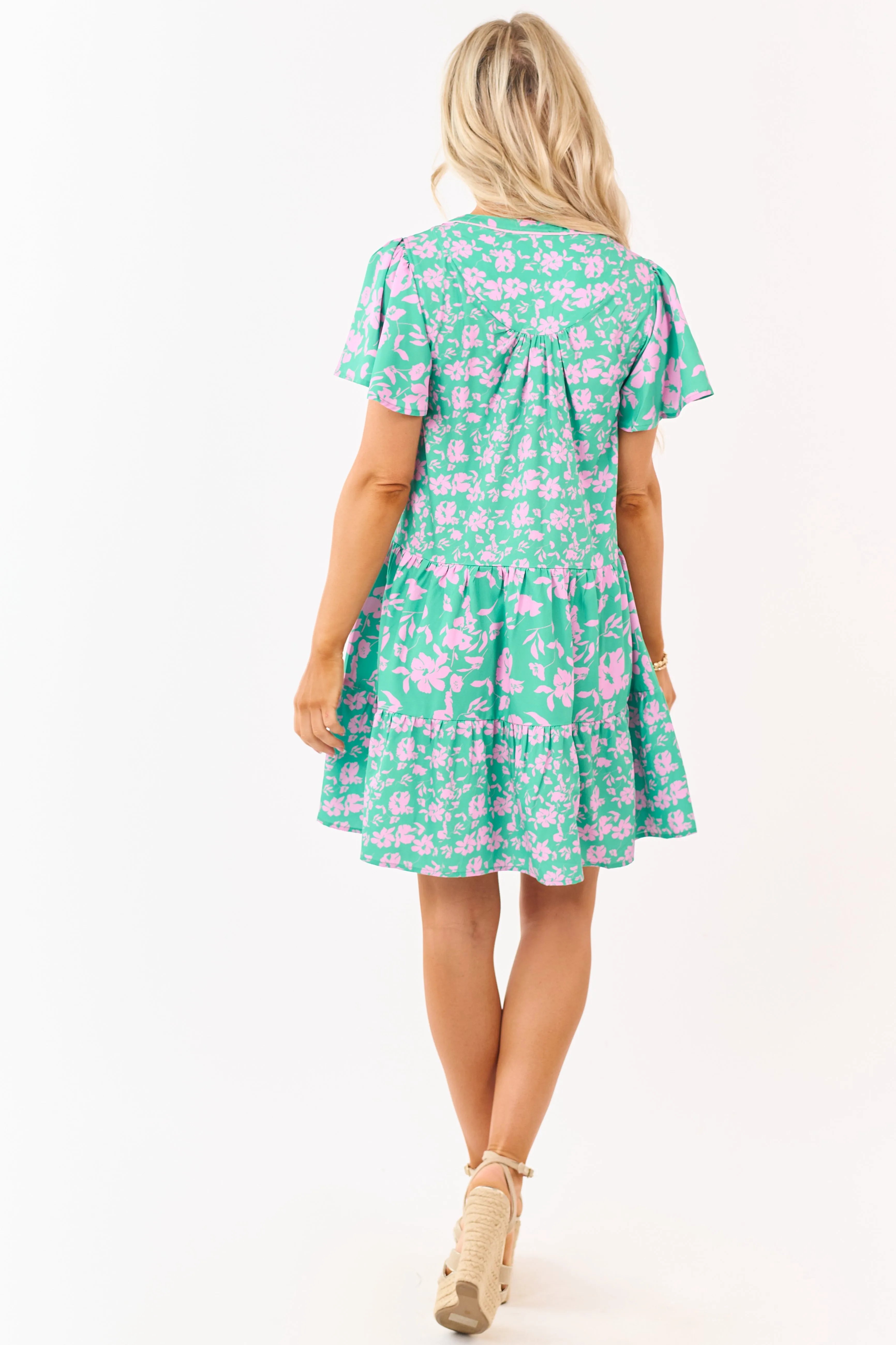 Kelly Green Floral Print Flutter Sleeve Mini Dress sold by Lime Lush product image thumbnail 5