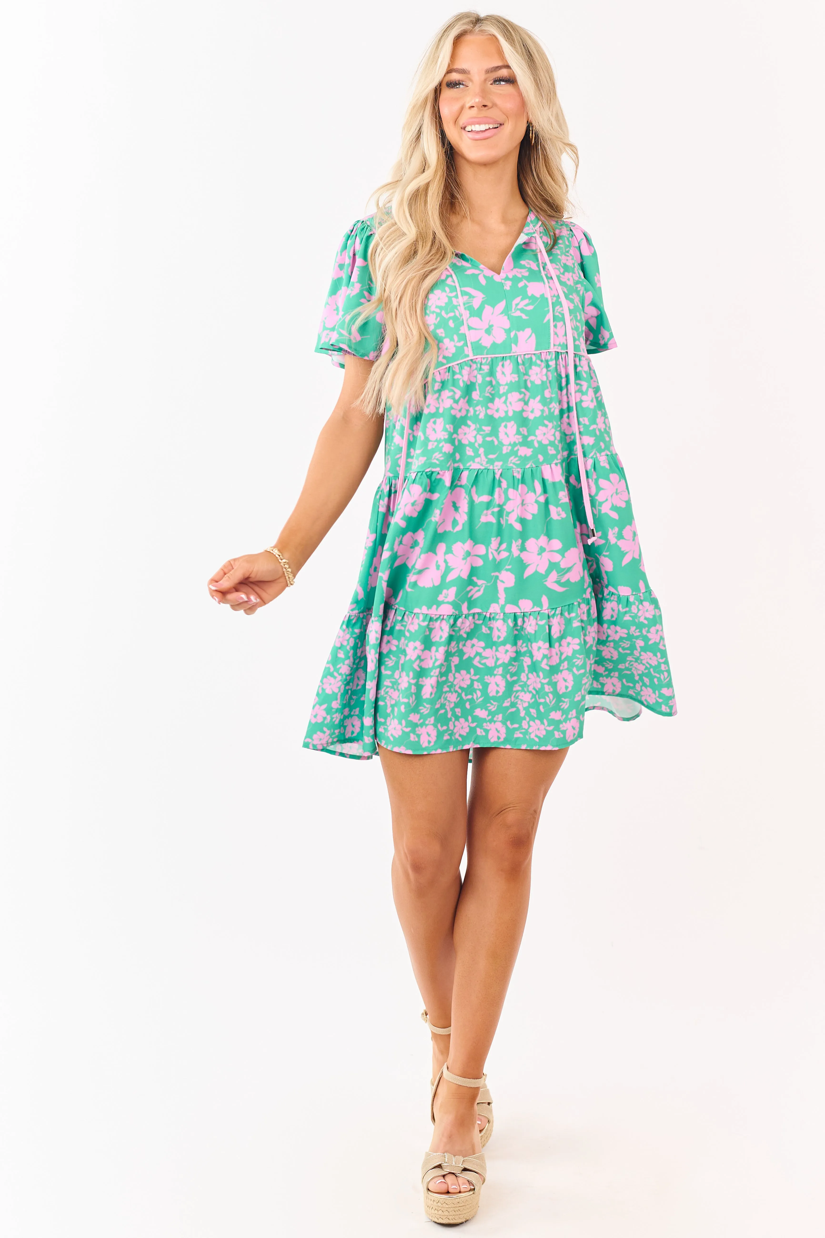 Kelly Green Floral Print Flutter Sleeve Mini Dress sold by Lime Lush product image thumbnail 3
