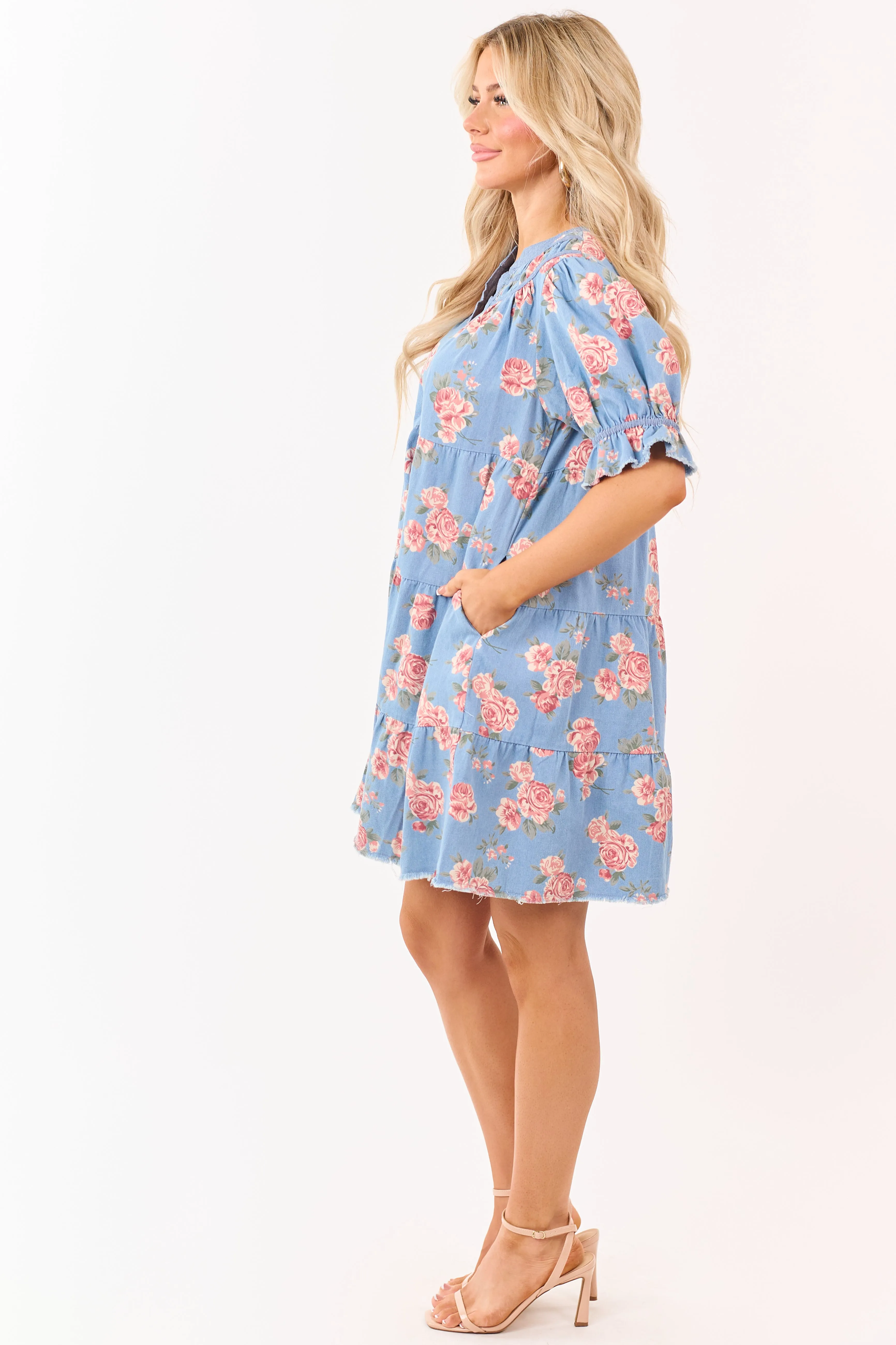 Light Wash Floral Print Denim Tiered Mini Dress sold by Lime Lush product image thumbnail 4