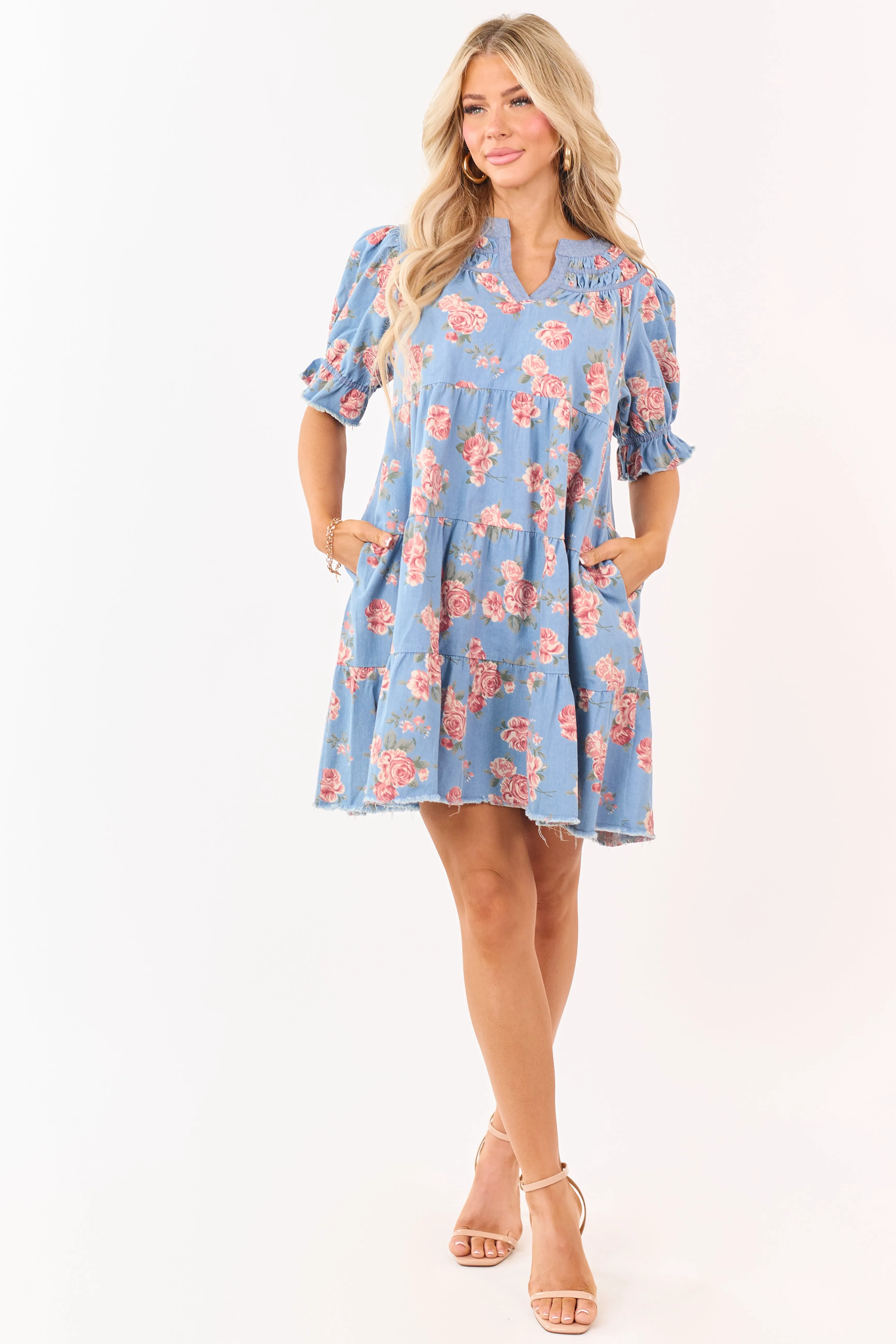 Light Wash Floral Print Denim Tiered Mini Dress sold by Lime Lush