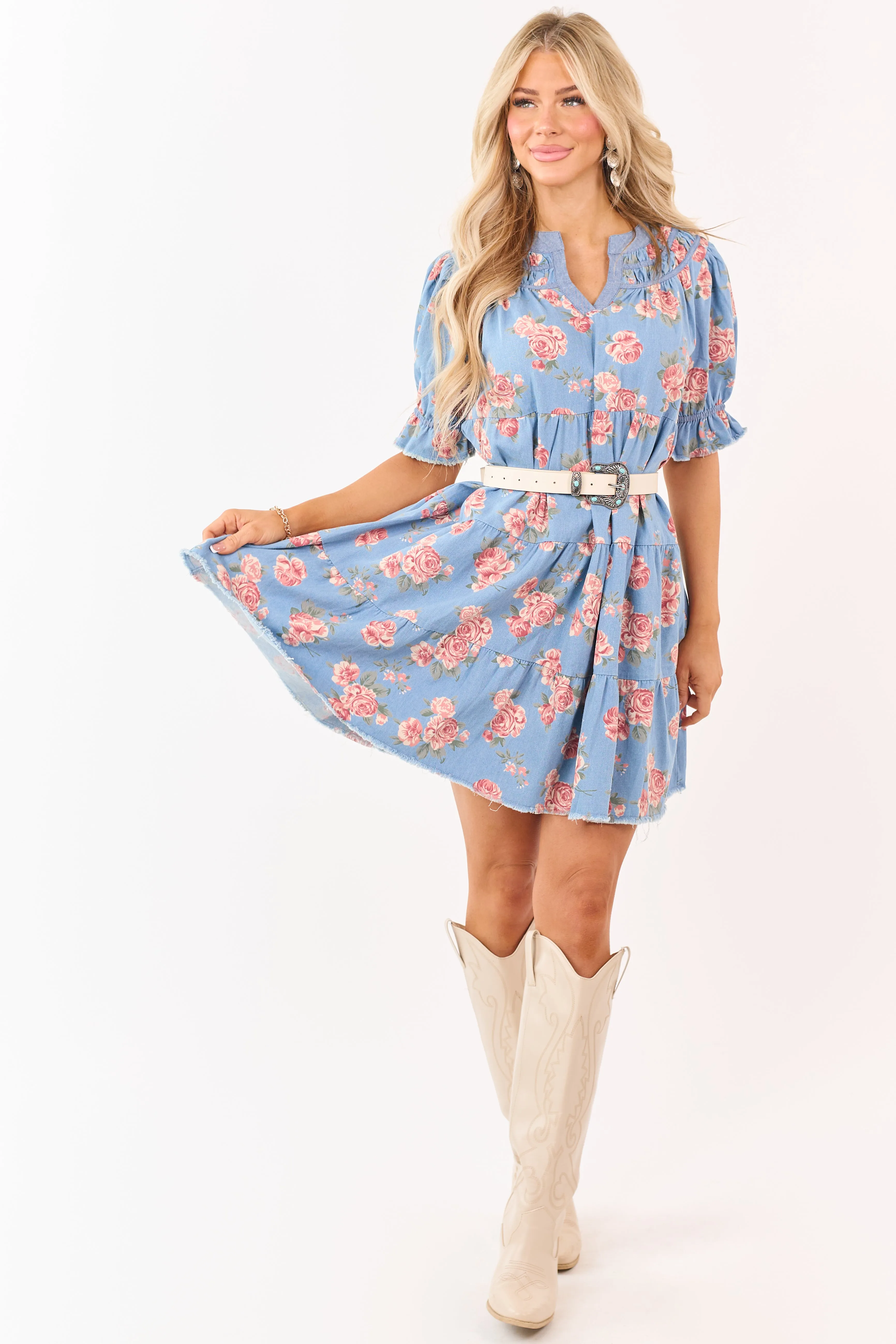 Light Wash Floral Print Denim Tiered Mini Dress sold by Lime Lush product image thumbnail 3