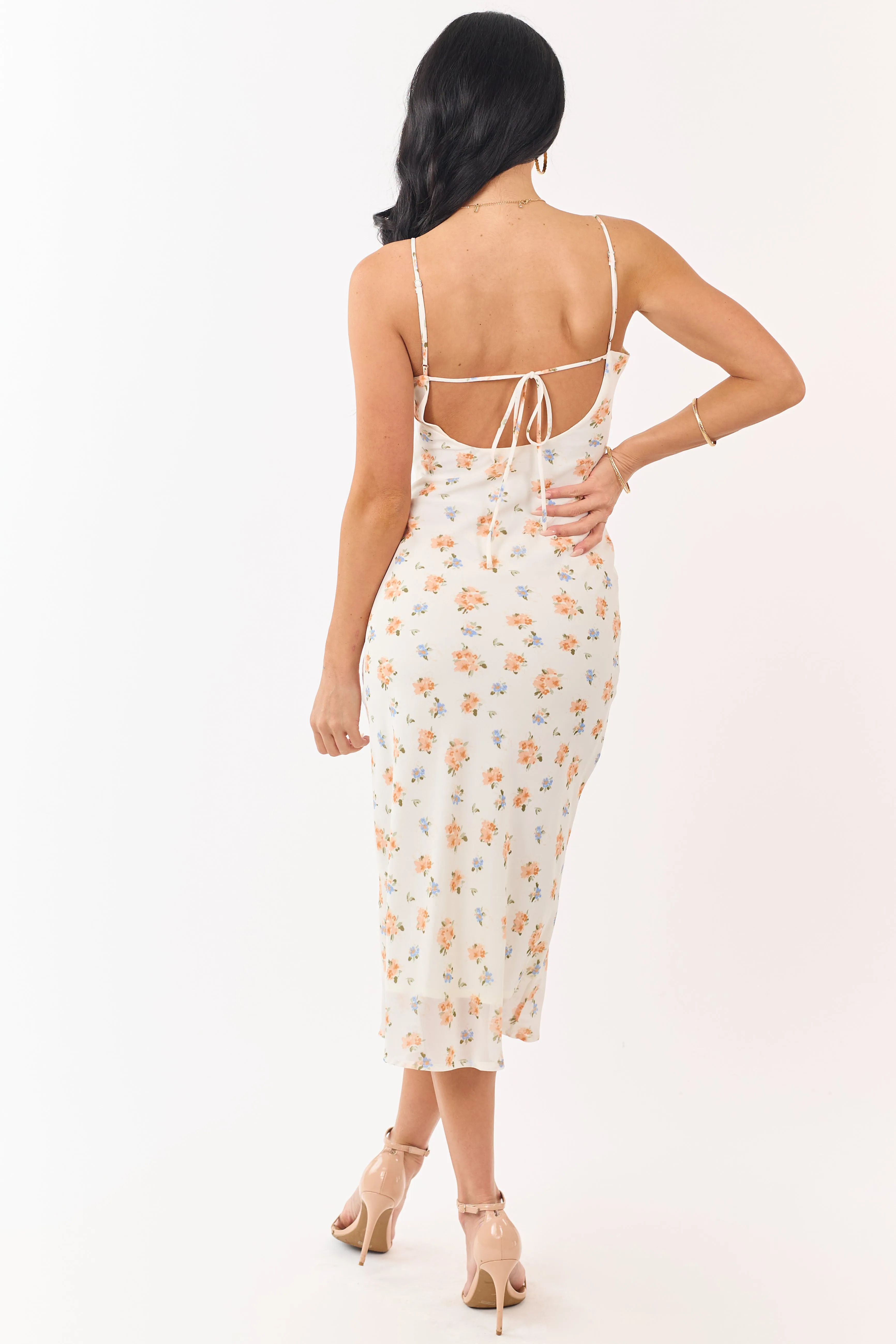 Cream Floral Print Frill Detail Chiffon Midi Dress sold by Lime Lush product image thumbnail 5