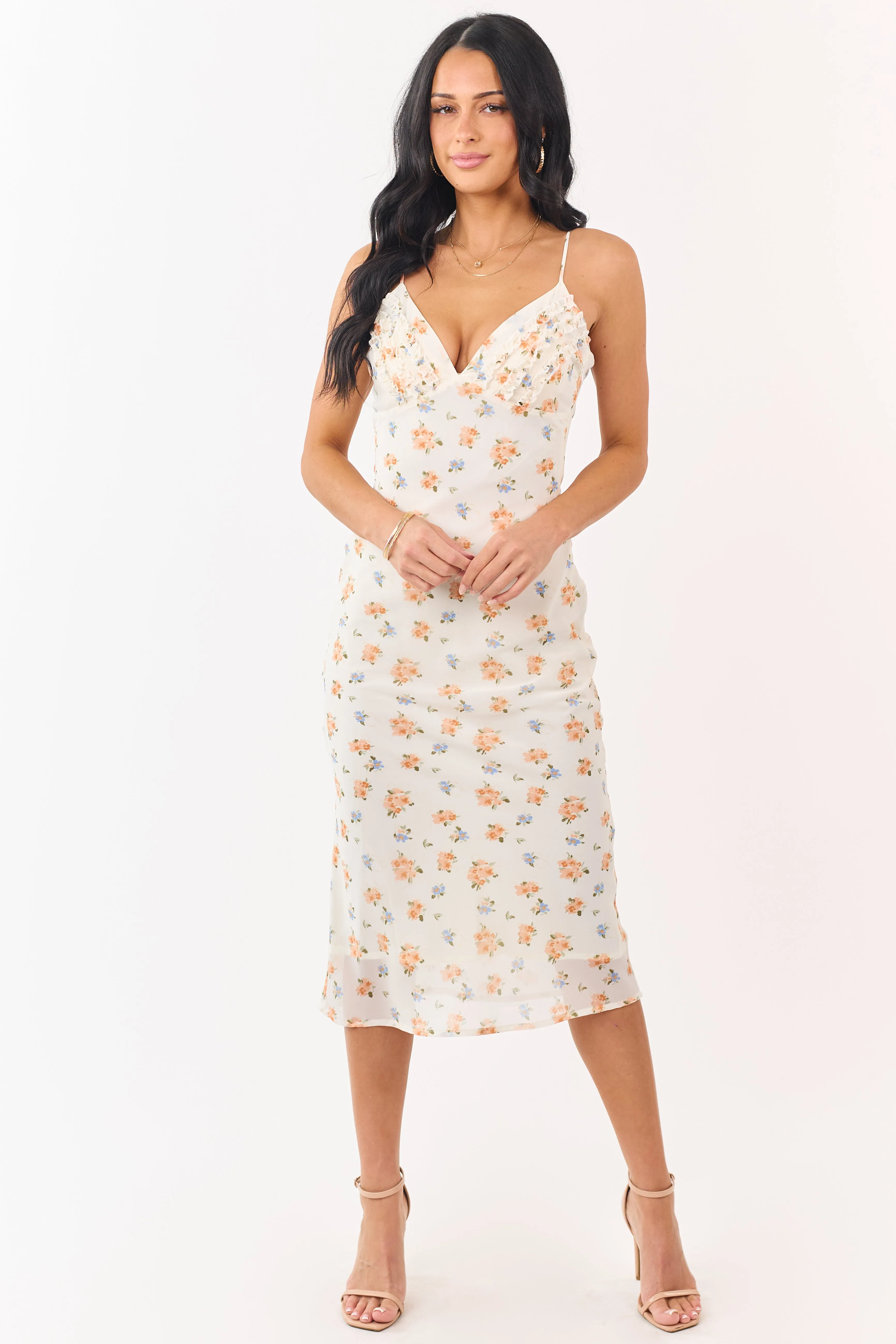 Cream Floral Print Frill Detail Chiffon Midi Dress sold by Lime Lush product image thumbnail 3