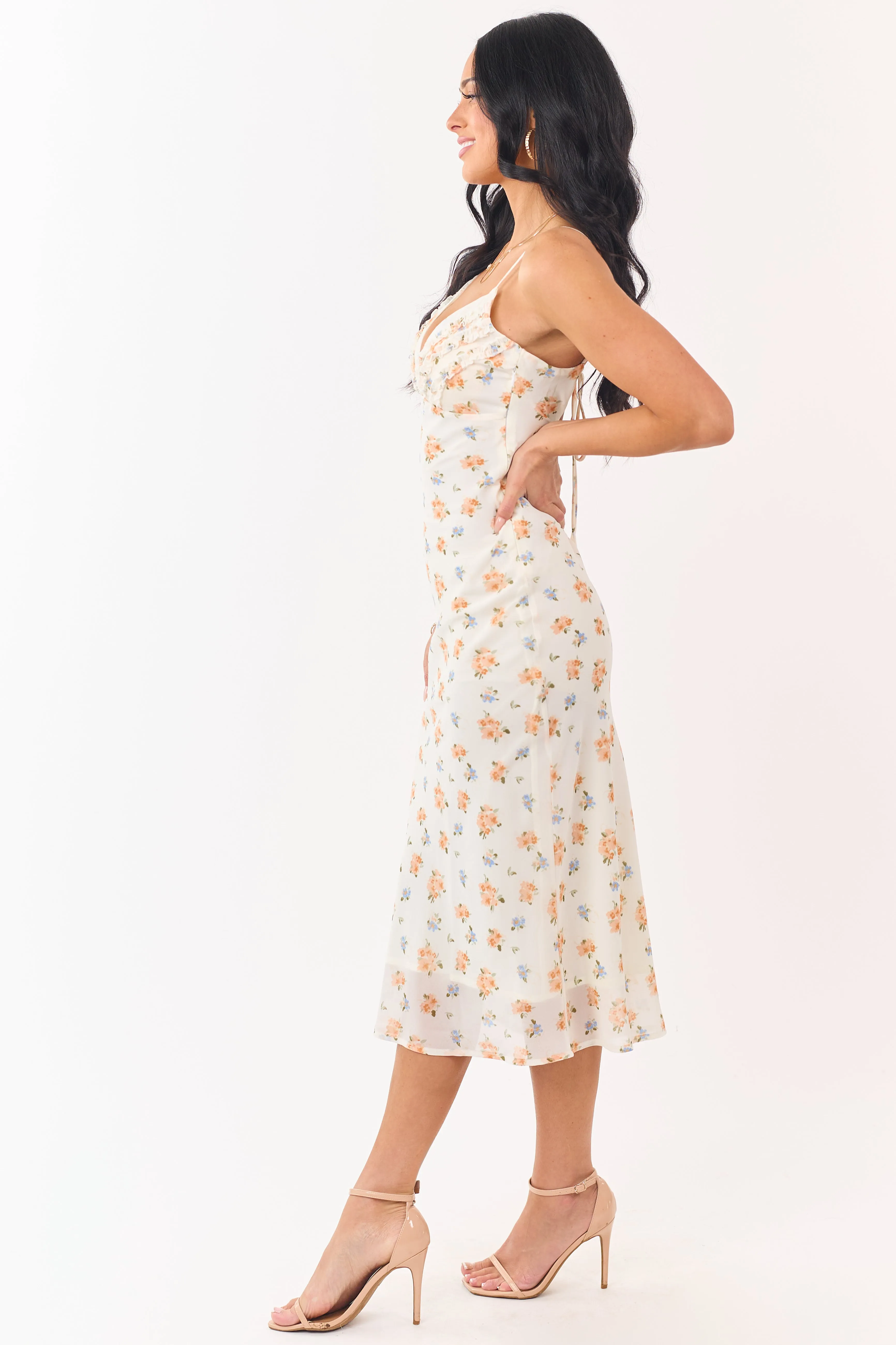 Cream Floral Print Frill Detail Chiffon Midi Dress sold by Lime Lush product image thumbnail 4