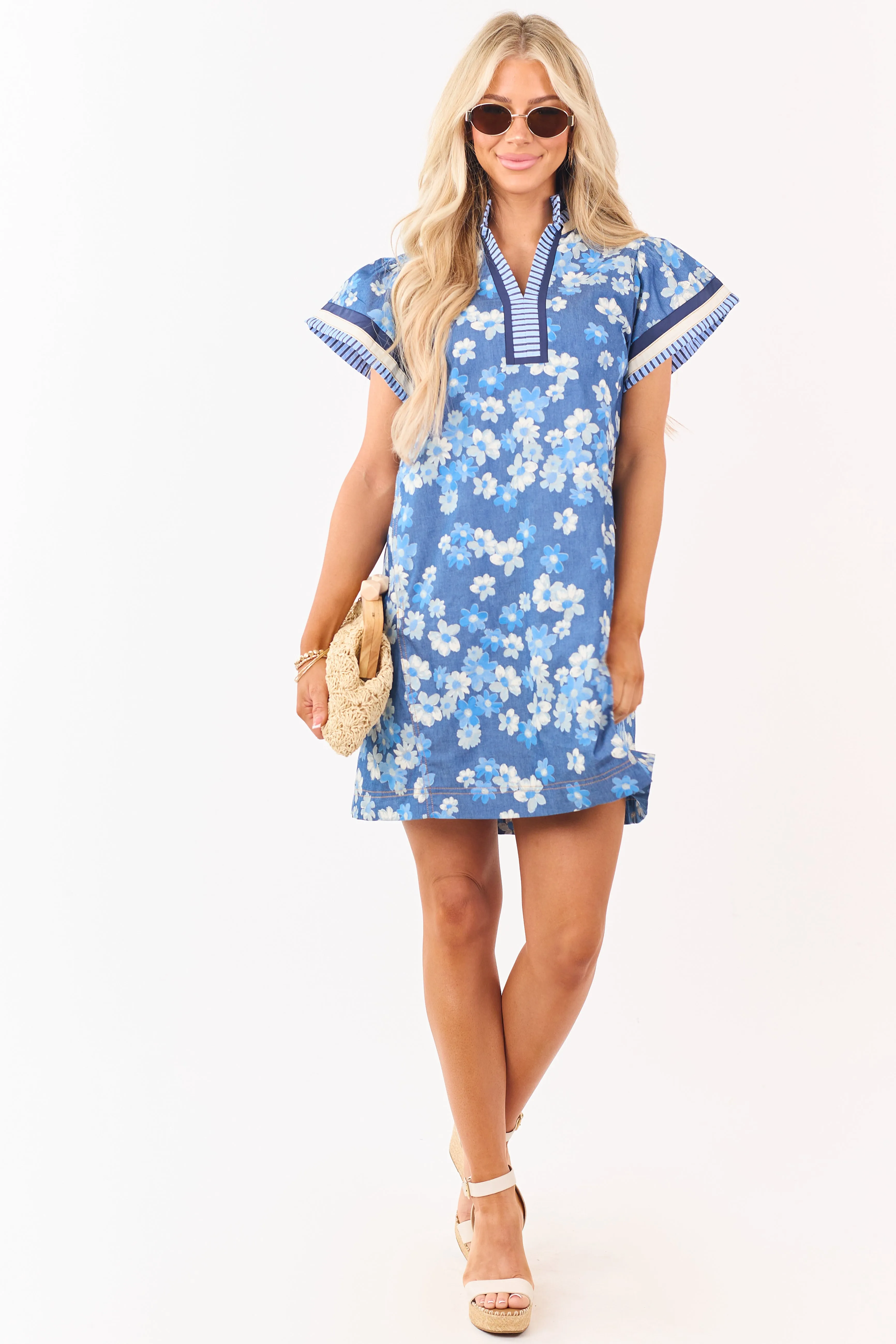 Medium Wash Chambray Floral Print Mini Dress sold by Lime Lush product image thumbnail 3