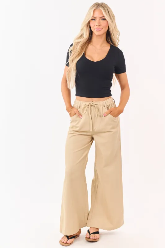 Beige Denim Elastic Waist Wide Leg Pants made by In February