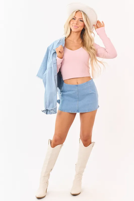 Light Wash Stretchy Denim Mini Skort made by Blue Blush