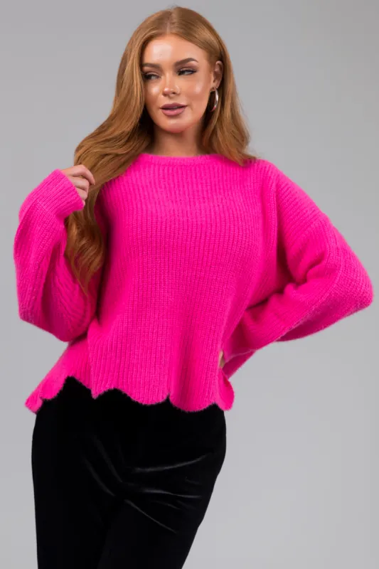 She+Sky Hot Pink Scallop Hem Knit Sweater sold by Lime Lush