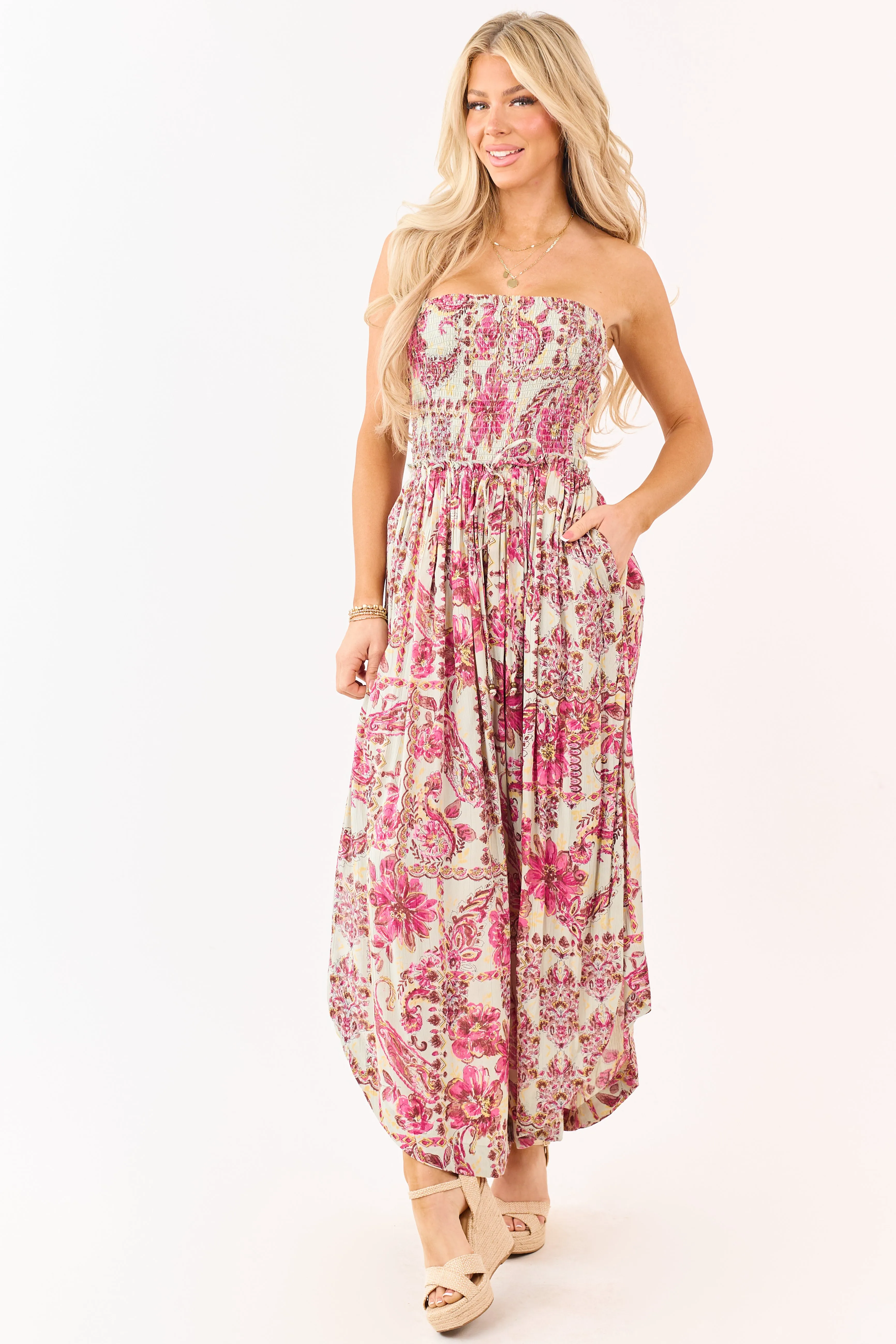 Mint Floral Print Strapless Smocked Bodice Jumpsuit sold by Lime Lush product image thumbnail 3