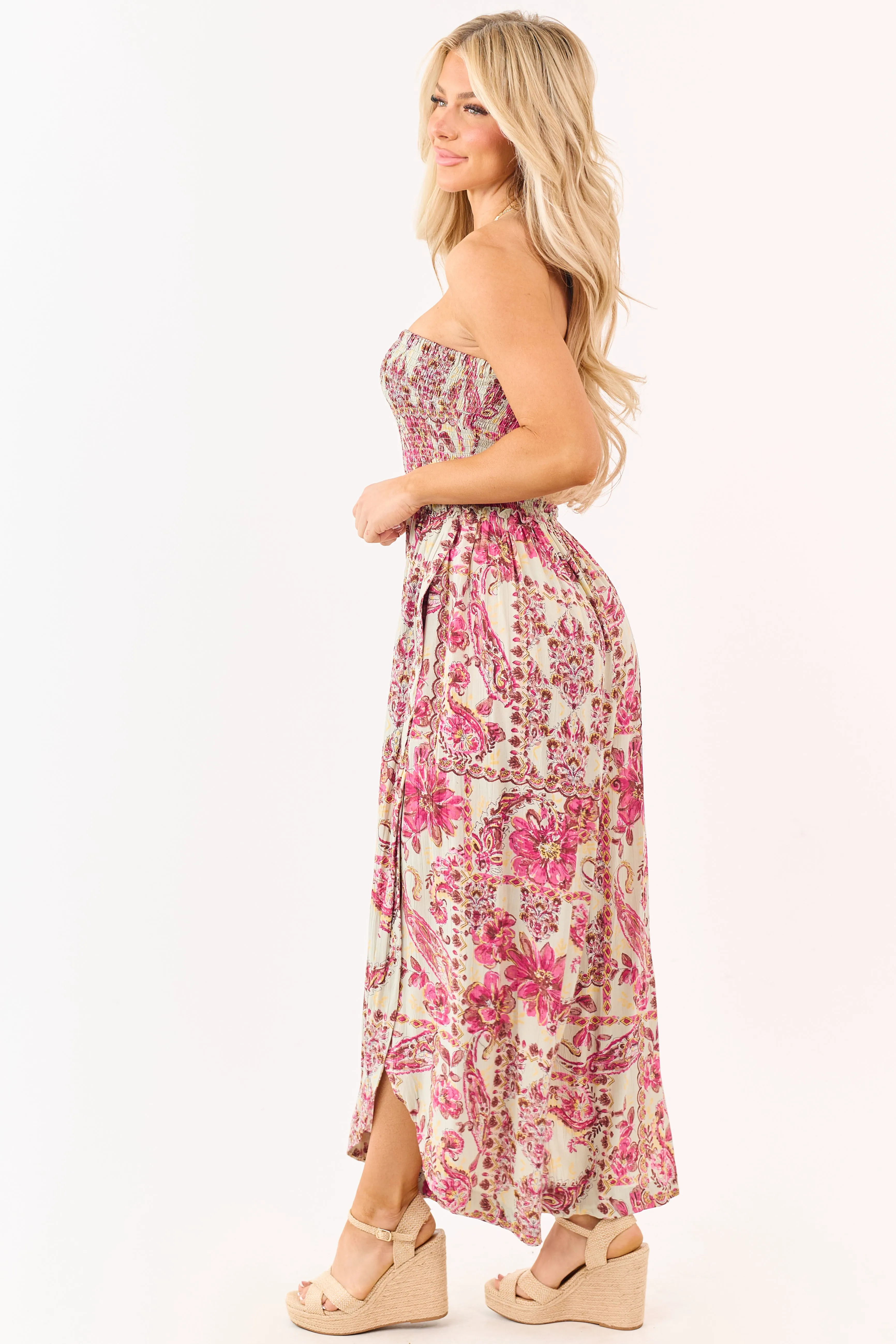 Mint Floral Print Strapless Smocked Bodice Jumpsuit sold by Lime Lush product image thumbnail 4
