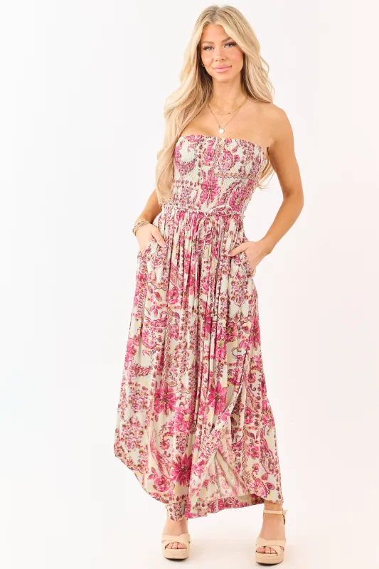Mint Floral Print Strapless Smocked Bodice Jumpsuit made by Angie