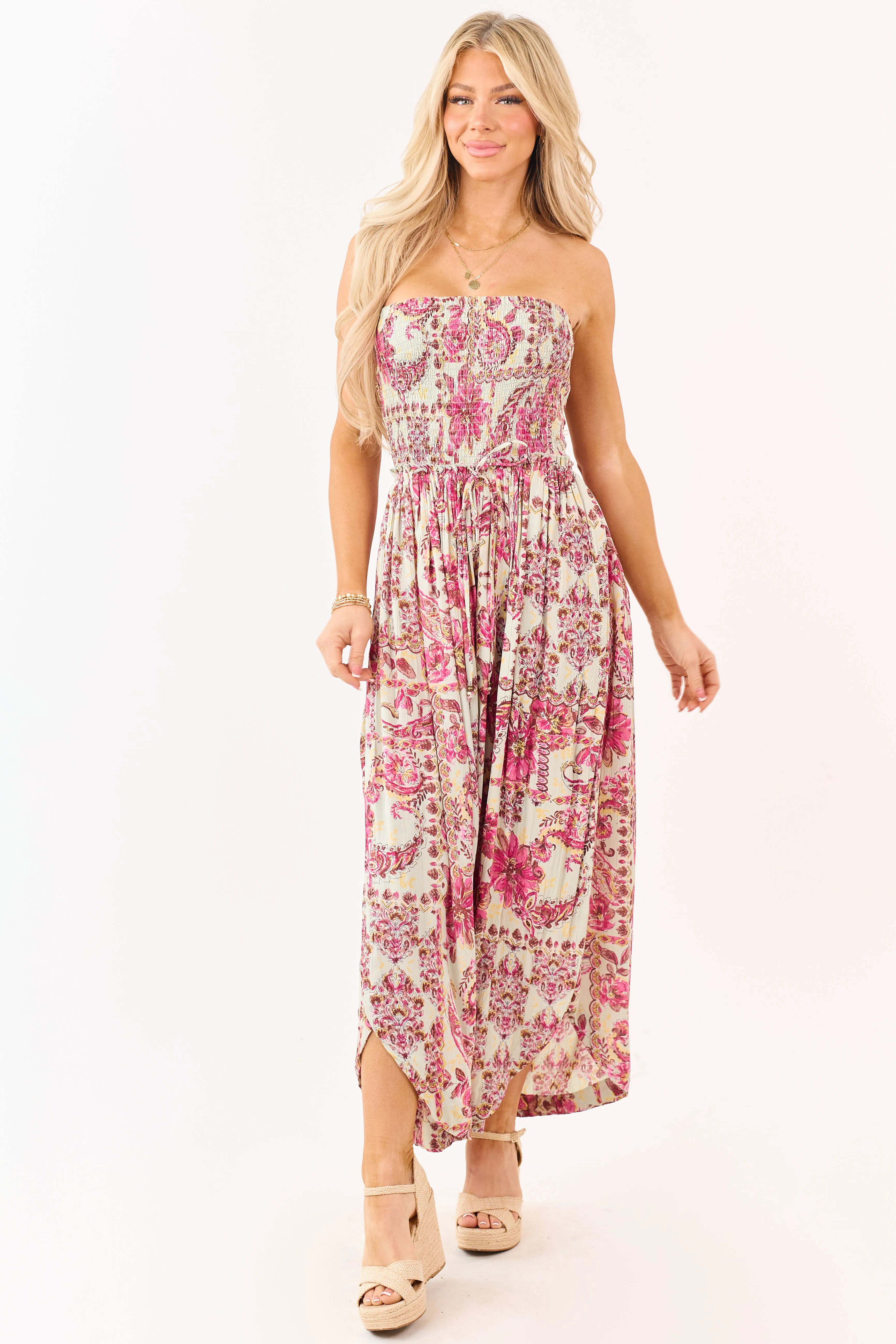 Mint Floral Print Strapless Smocked Bodice Jumpsuit sold by Lime Lush product image thumbnail 2